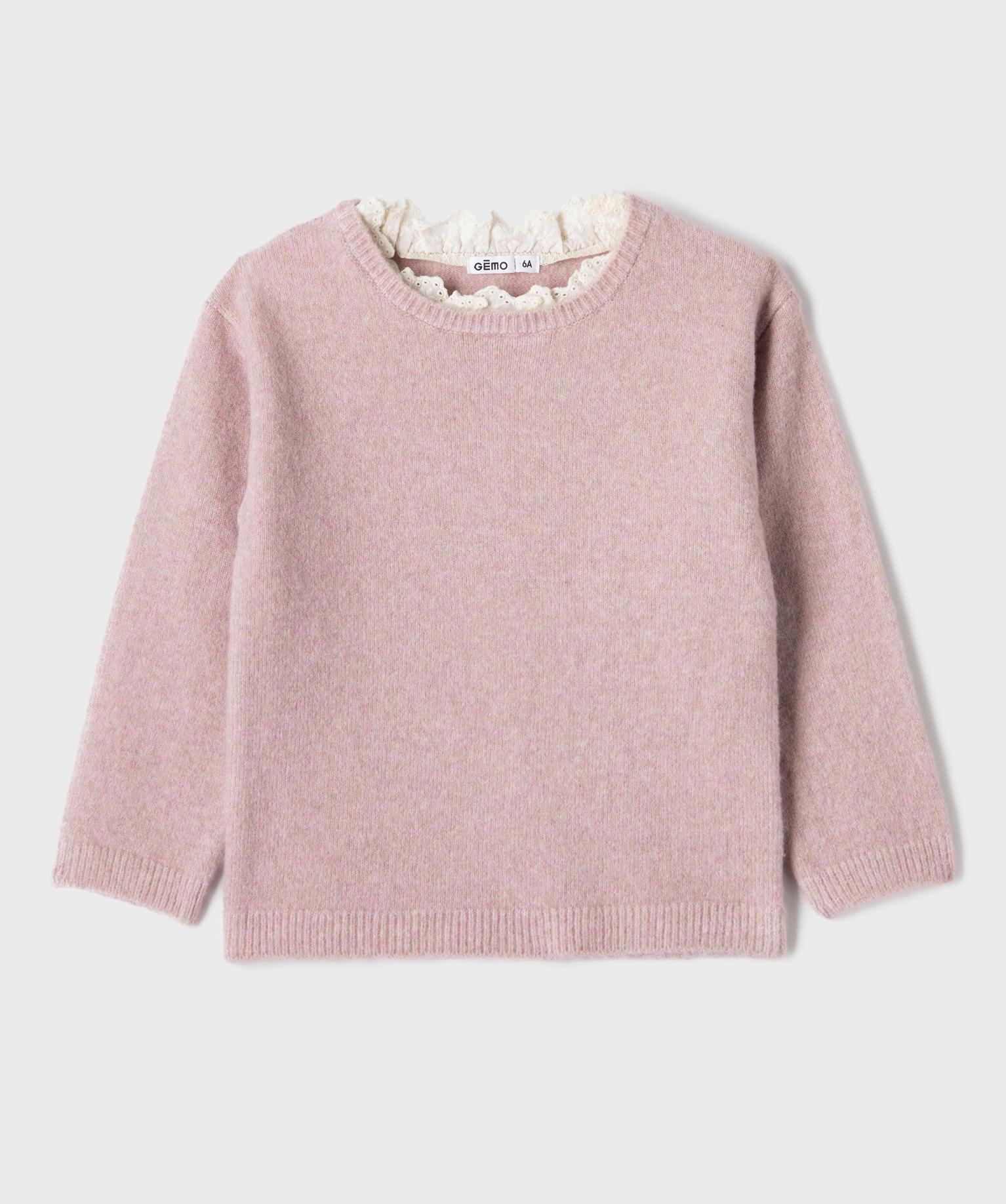 Pull effet 2-en-1 à col victorien avec de la laine fille - 12A/XXS - rose - GEMO