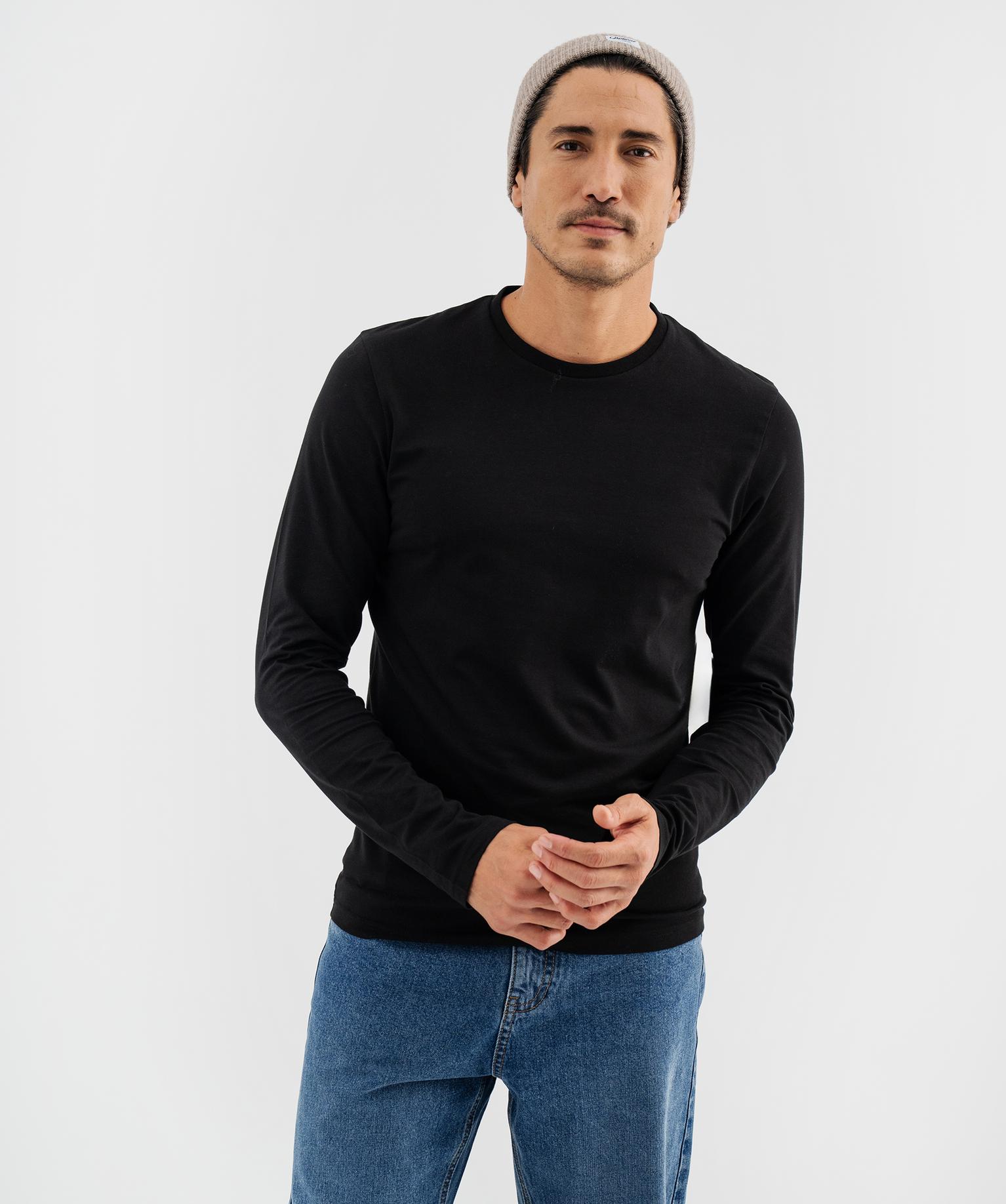 Tee-shirt à manches longues et col rond homme - 36/S - noir - GEMO