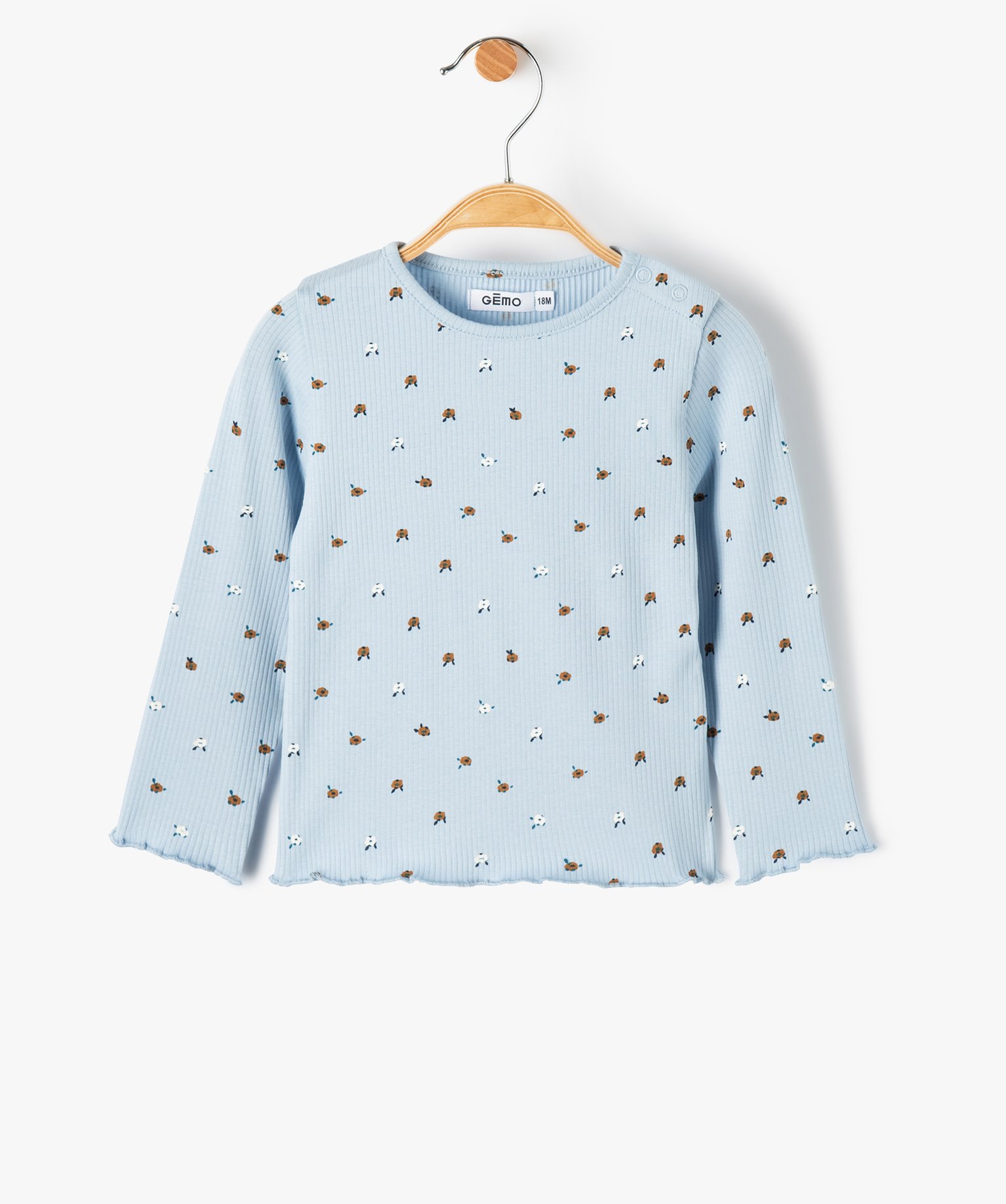 Tee-shirt bébé fille en maille côtelée à motifs fleuris - 3M - bleu - GEMO