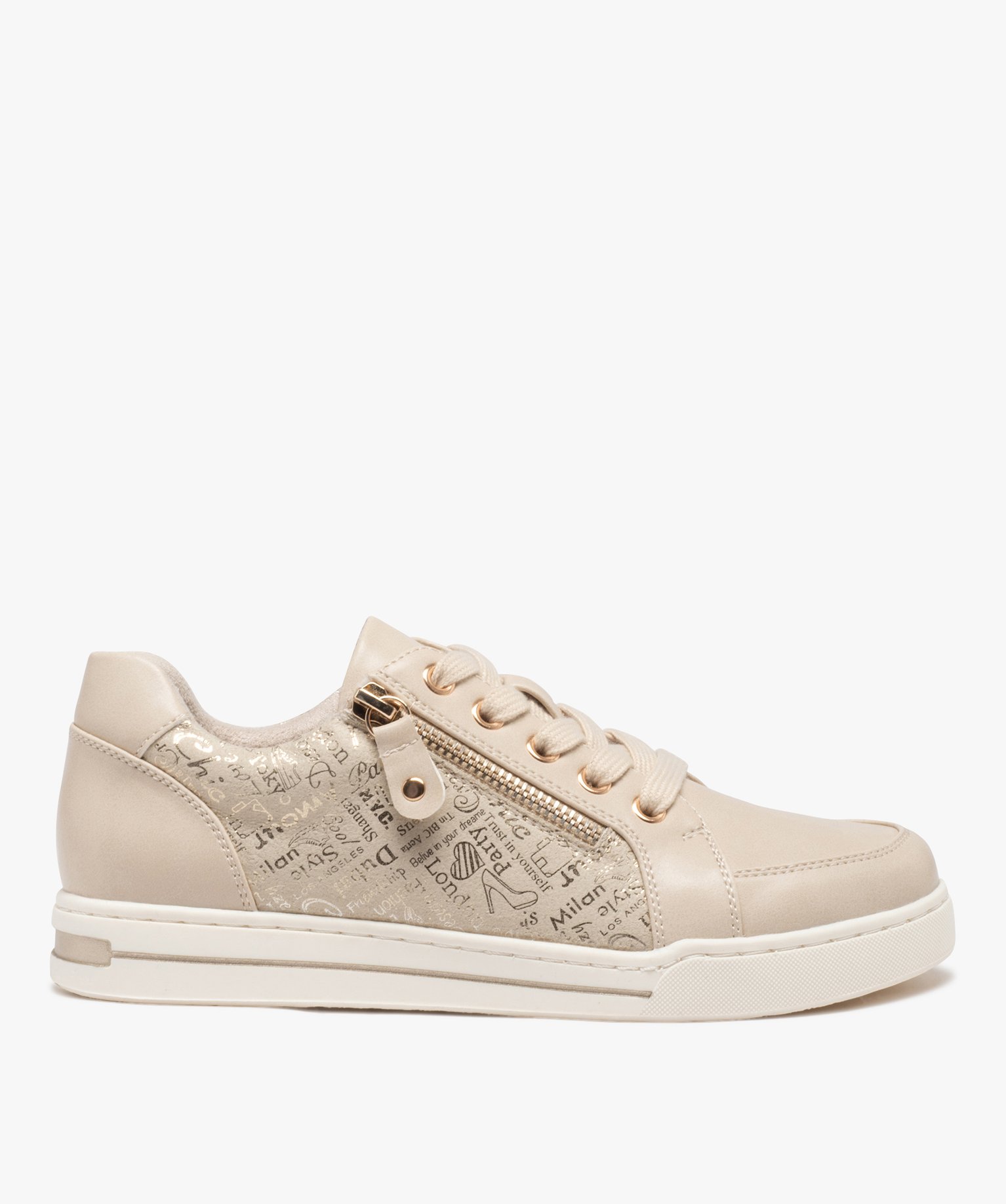 Baskets femme unies a lacets et a double zip avec details. beige GEMO