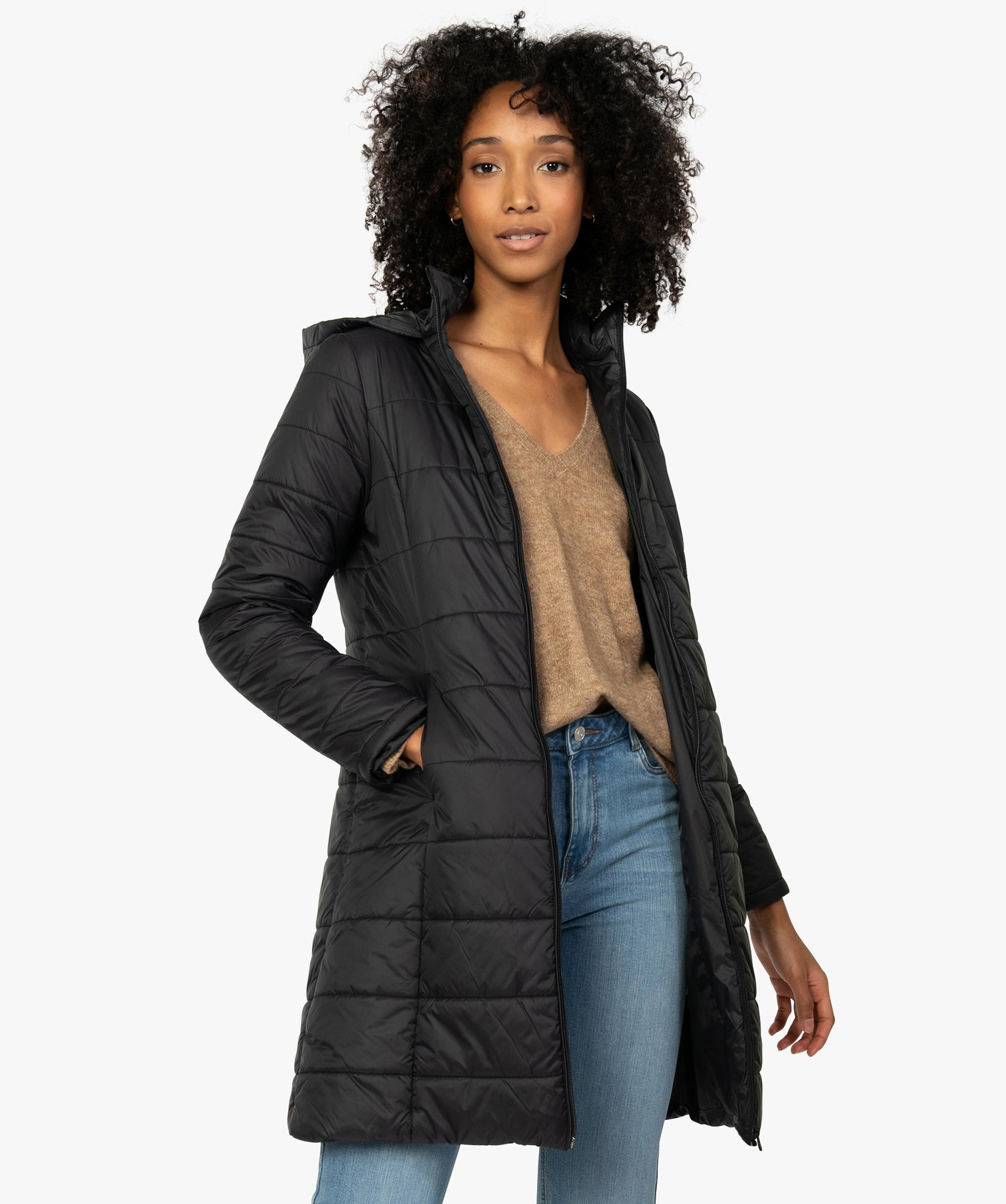 Manteau femme matelasse avec capuche noir GEMO