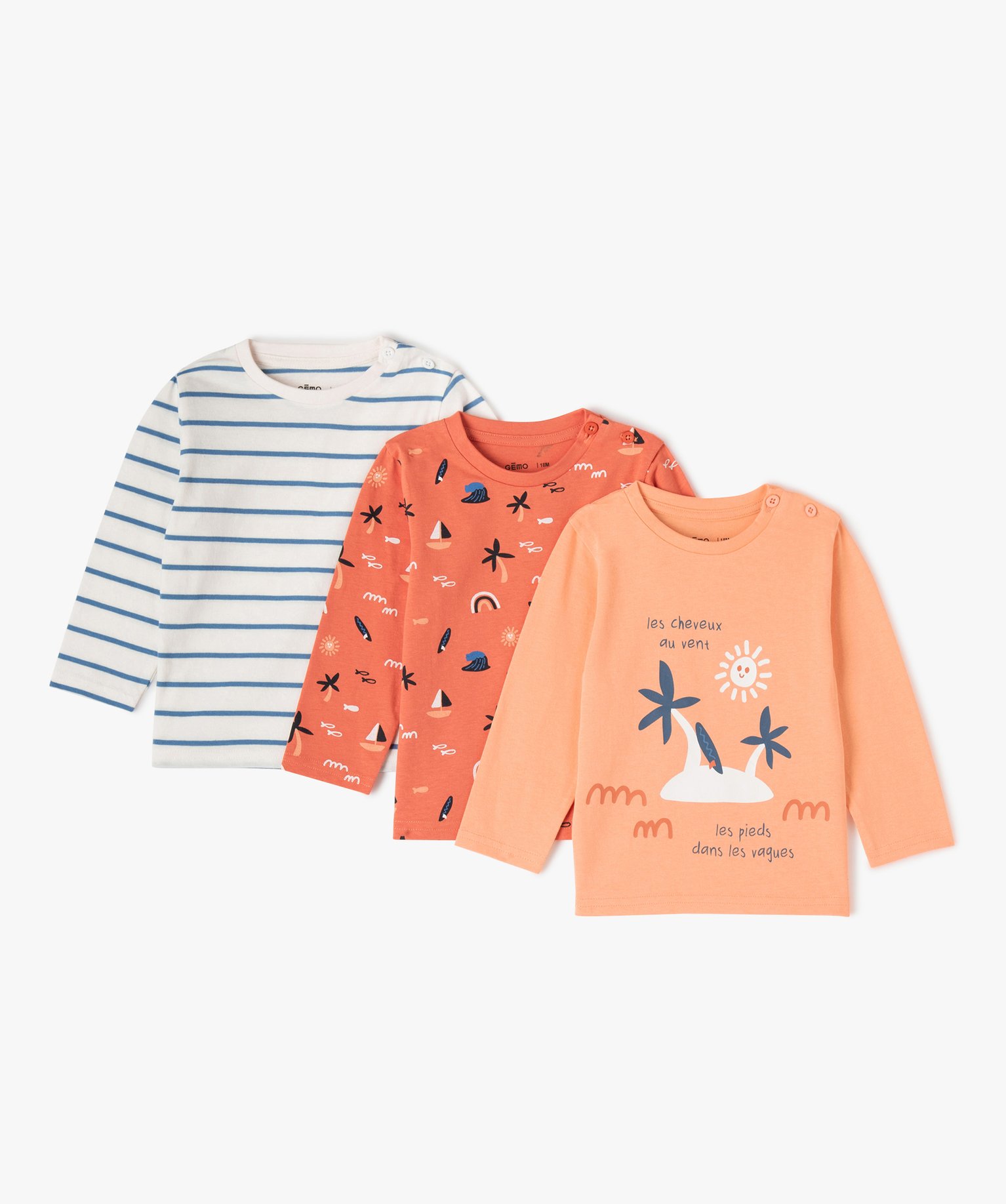 Tee-shirt bébé garçon à manches longues (lot de 3) - 12M - orange - GEMO