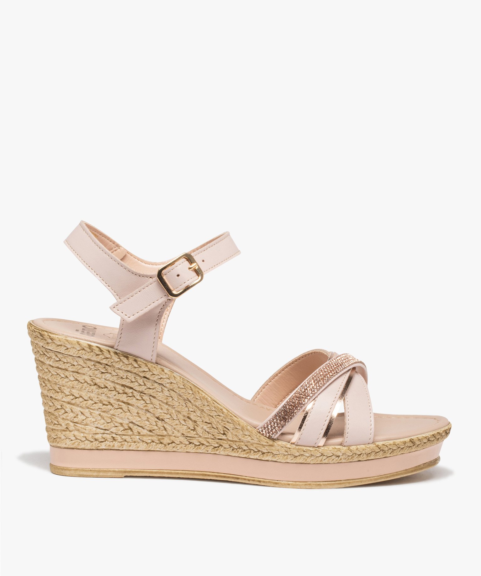 Sandales femme compensées à brides en cuir et strass - 40 - rose - GEMO