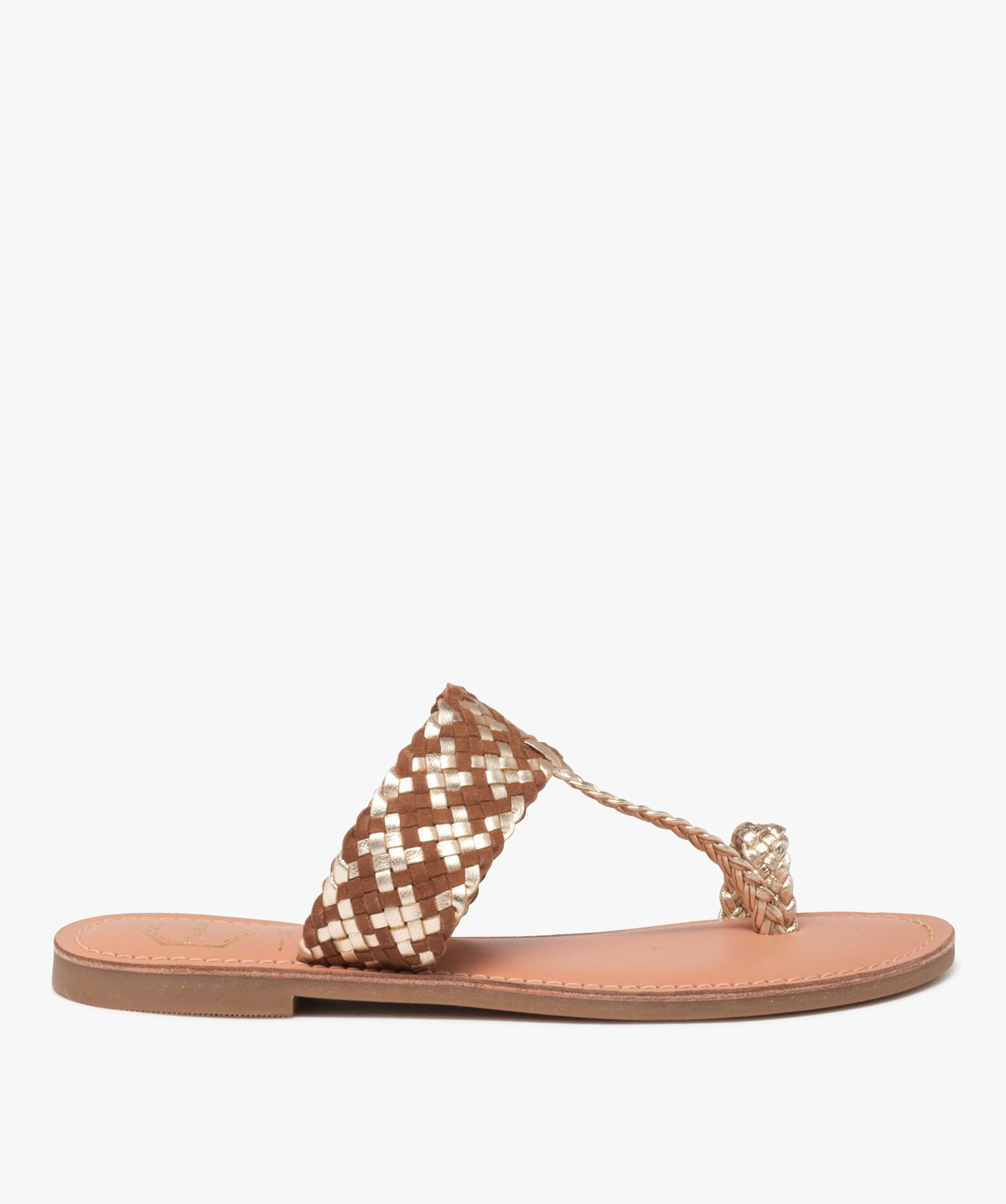 Mules femme en cuir tressé avec entre-doigts et bague orteil - Taneo - 41 - marron - TANEO