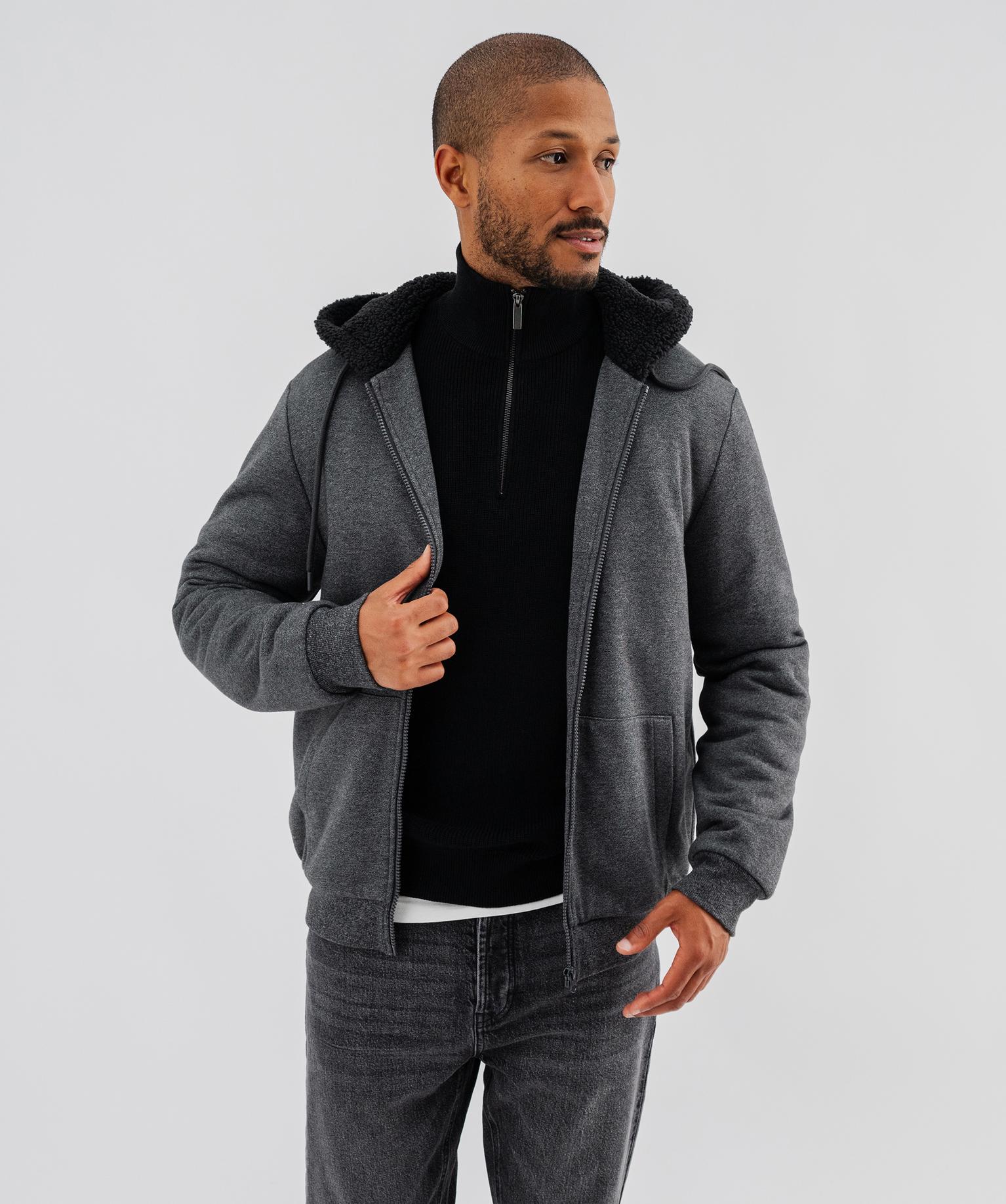 Sweat à capuche zippé avec doublure chaude homme - 38-40/M - gris fonce - GEMO