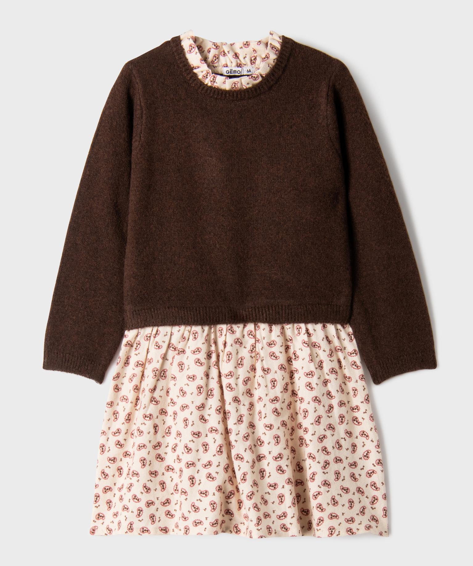 Robe effet 2-en-1 avec haut en maille et bas en flanelle fille - 4A - marron fonce - GEMO