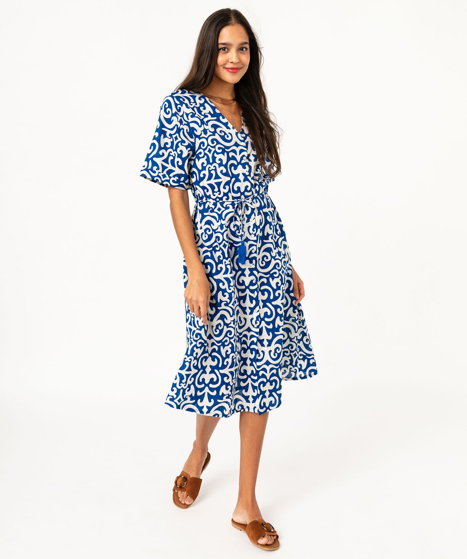 Robe longue à manches courtes imprimée femme - 40 - bleu - GEMO