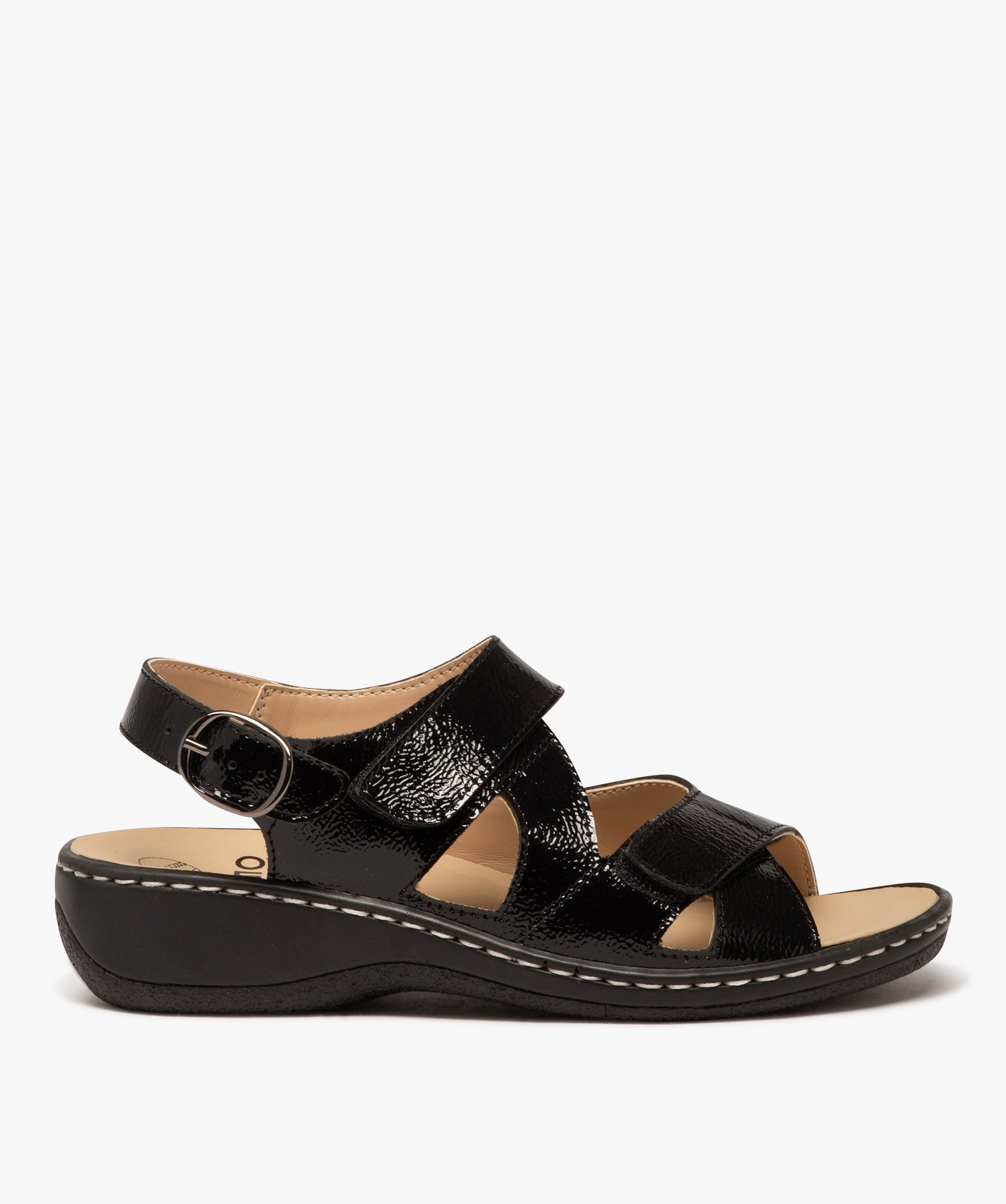 Sandales femme confort avec brides vernies en cuir et à scratch - 39 - noir - GEMO