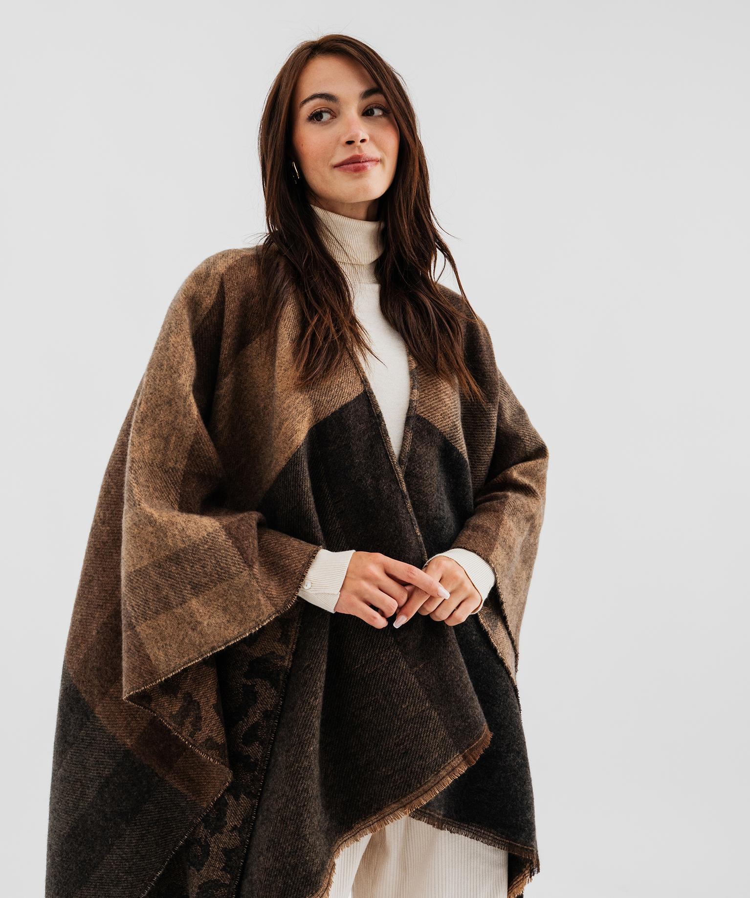 Poncho réversible à motif léopard et motif tartan femme - TU - marron fonce - GEMO