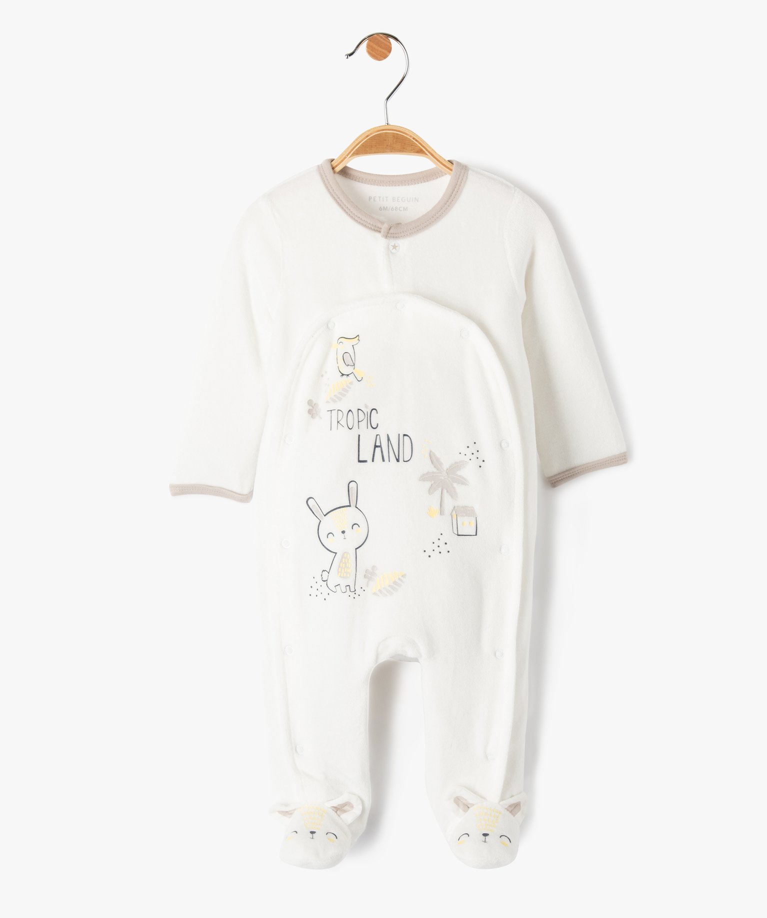 Pyjama bébé en velours imprimé avec ouverture devant - Petit Béguin - Préma - blanc - PETIT BEGUIN