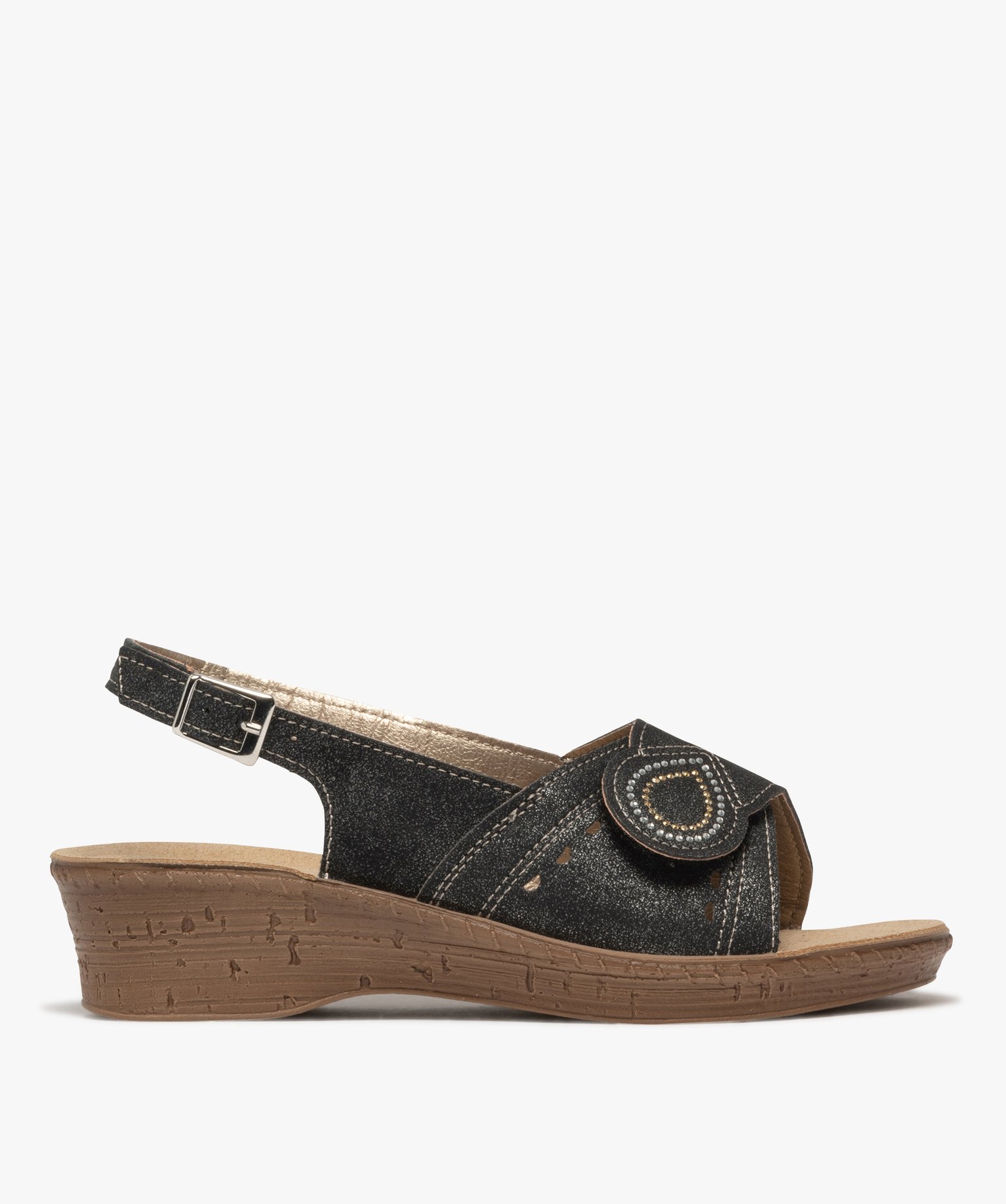 Sandales femme confort à talon compensée avec bride scratch strassée - 41 - noir - GEMO