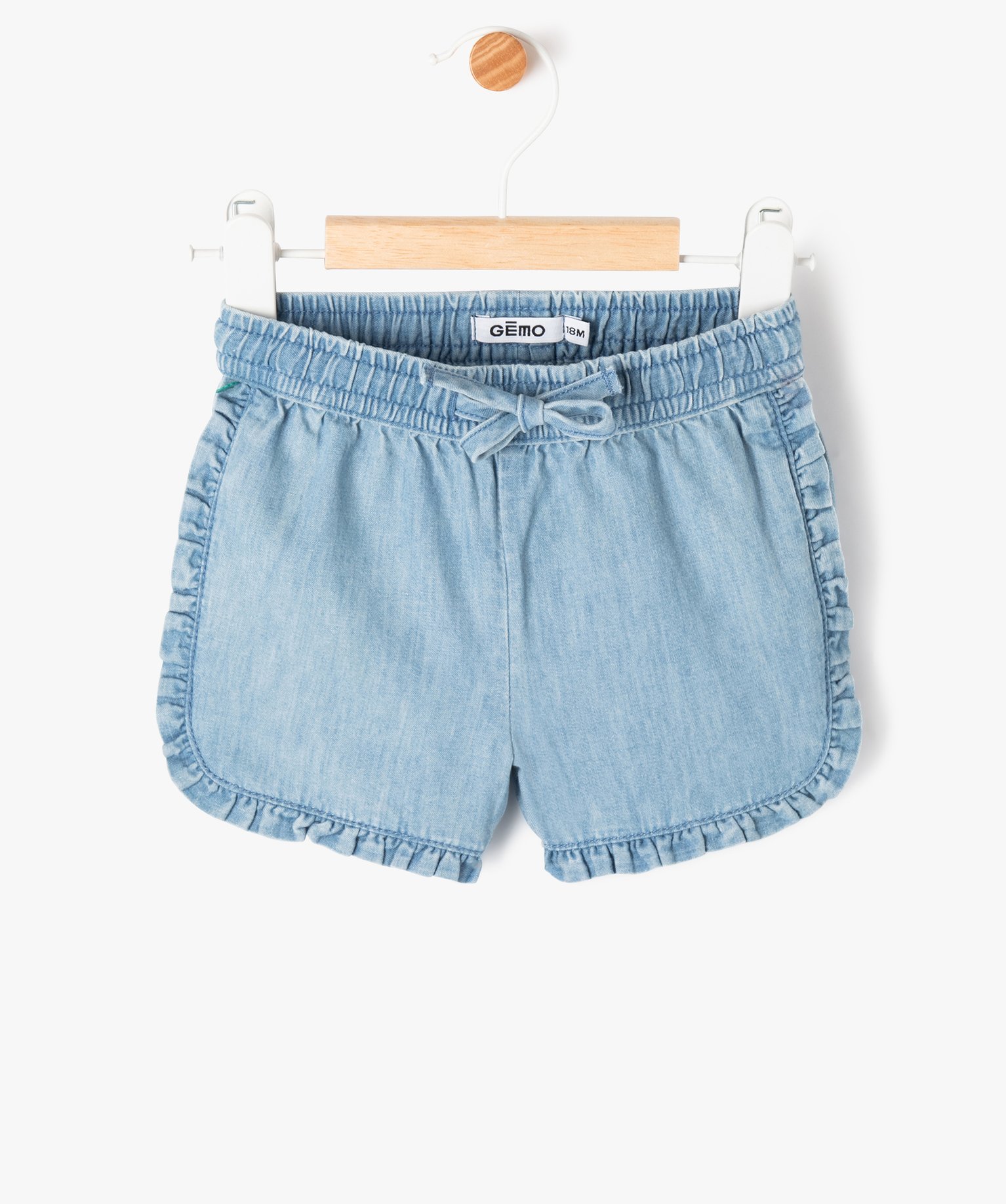 Short en chambray à volants et taille élastiquée bébé fille - 18M - bleu - GEMO