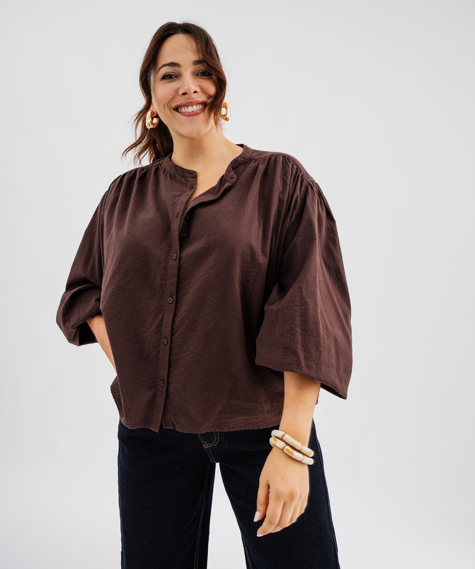 Chemise en coton col officier femme grande taille - 50-52/XXL - marron fonce - GEMO