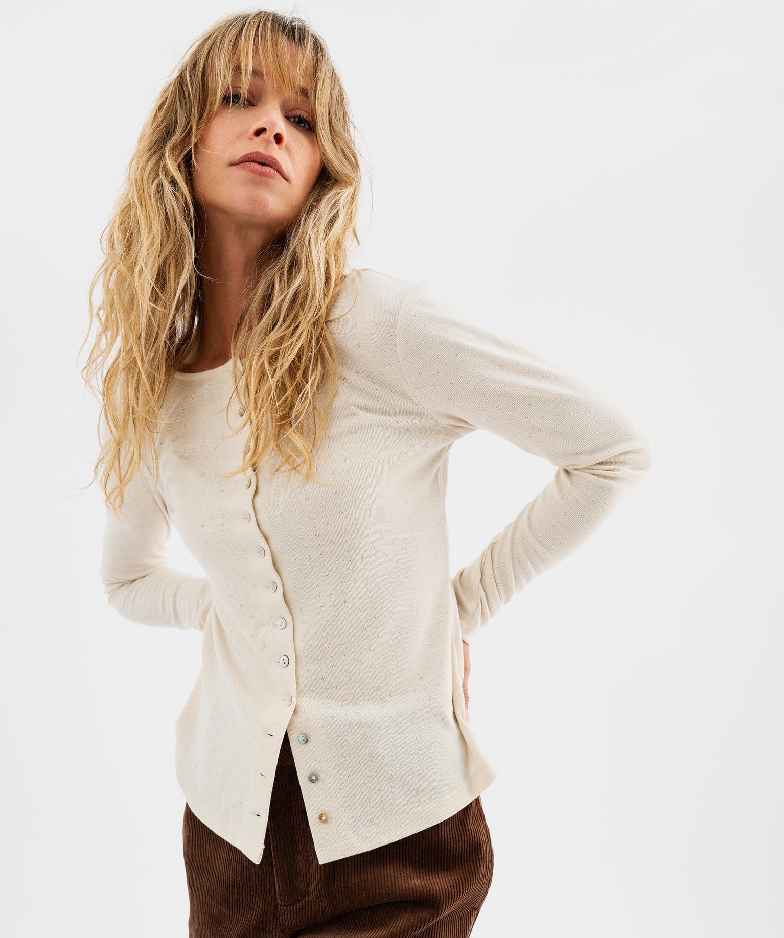 Tee-shirt manches longues en maille ajourée et boutonnière nacrée femme - 36/S - beige clair - GEMO