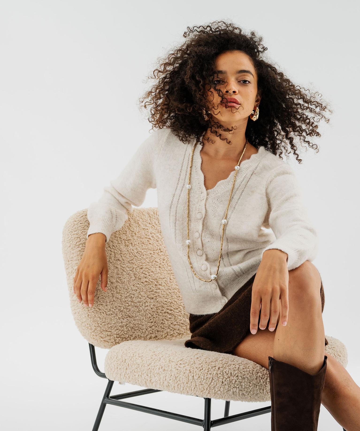 Gilet col V en maille fantaisie avec finitions dentelées femme - 46-48/XL - beige chine - GEMO
