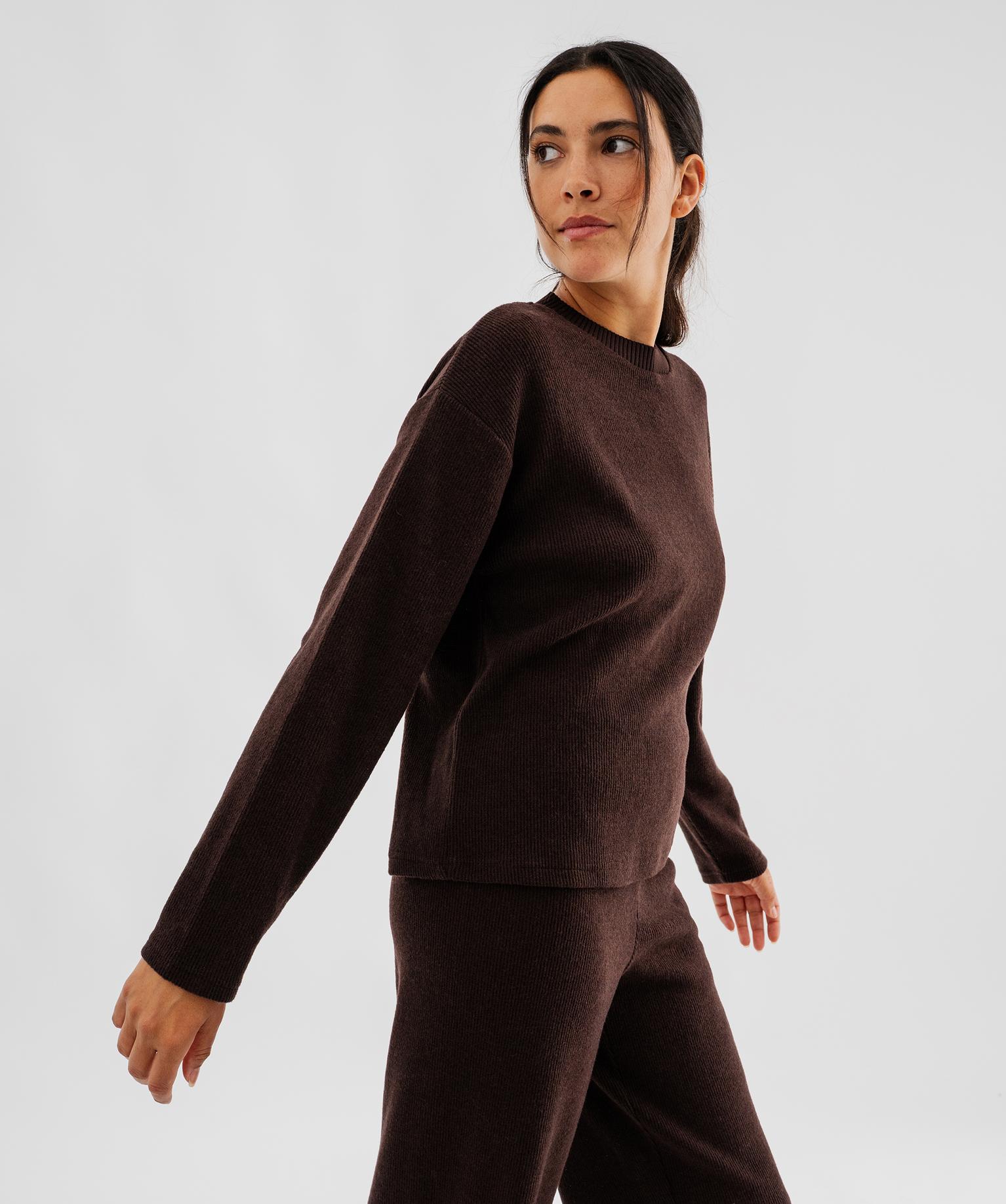 Tee-shirt manches longues en maille côtelée souple femme - 38-40/M - marron fonce - GEMO