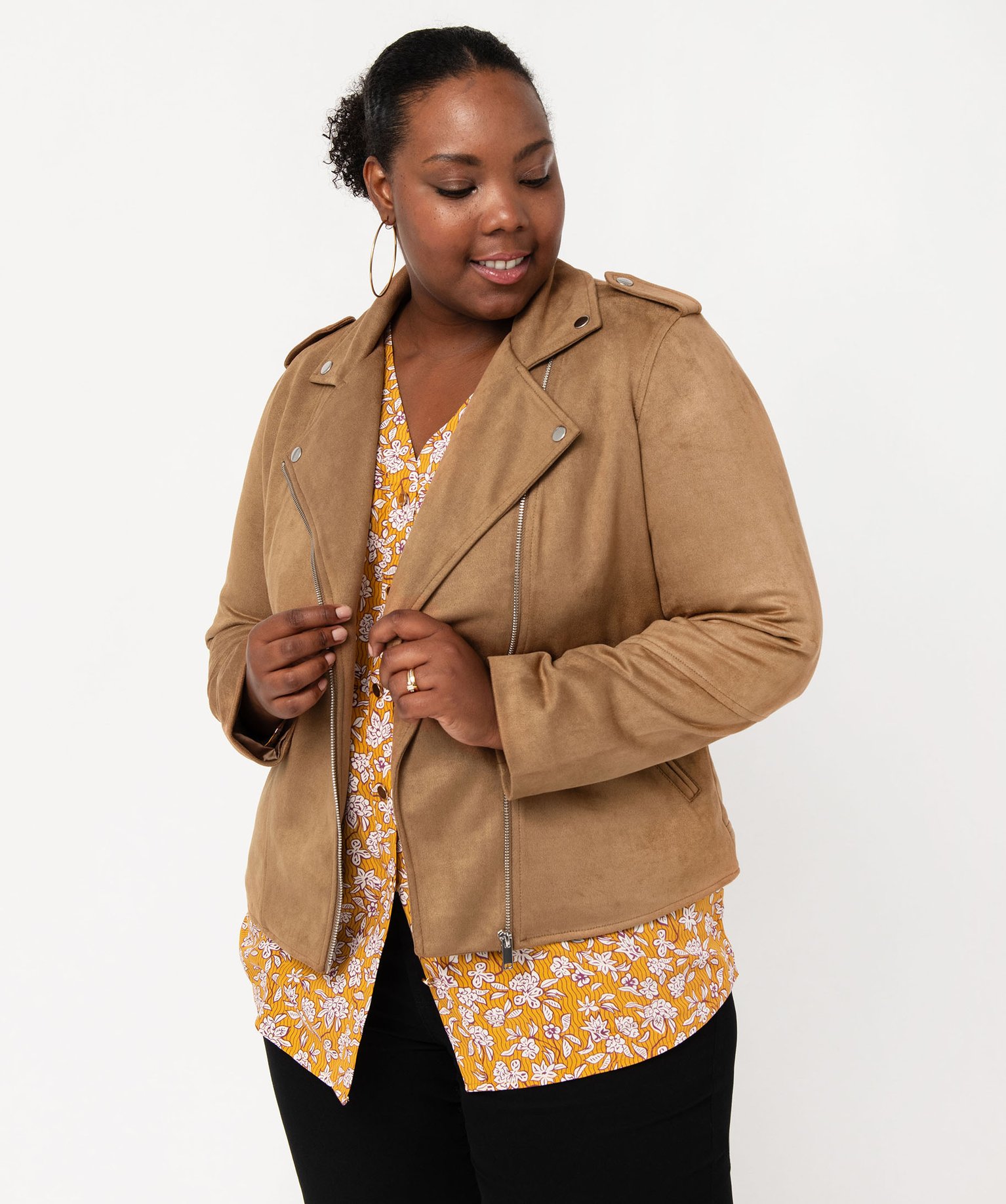 Blouson esprit biker en suédine femme grande taille - 50 - beige - GEMO