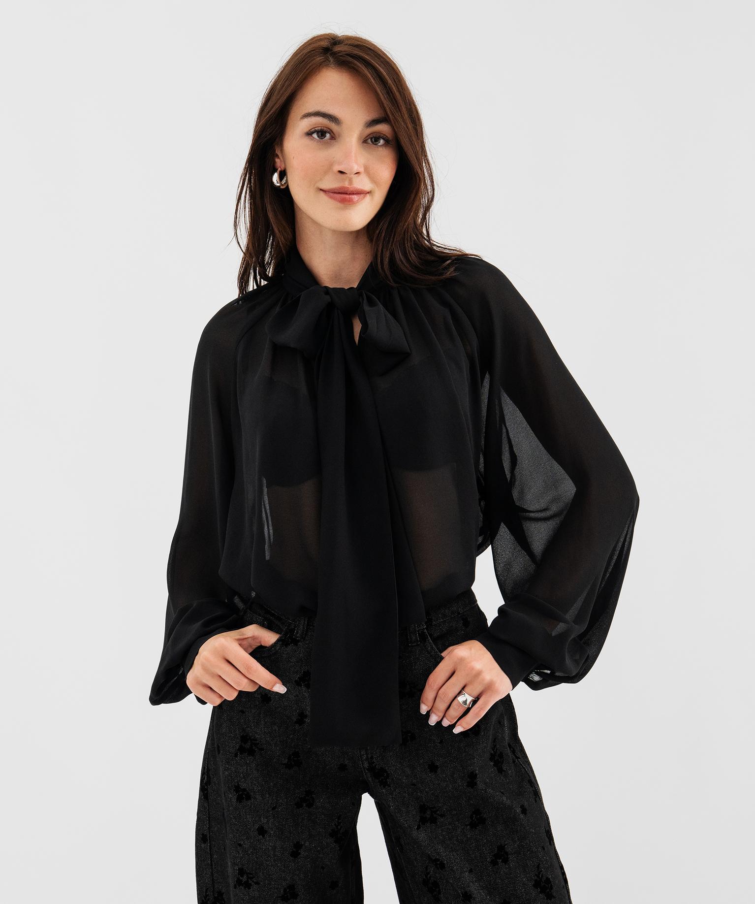 Blouse manches longues en voile transparent et col lavallière femme - 38-40/M - noir standard - GEMO
