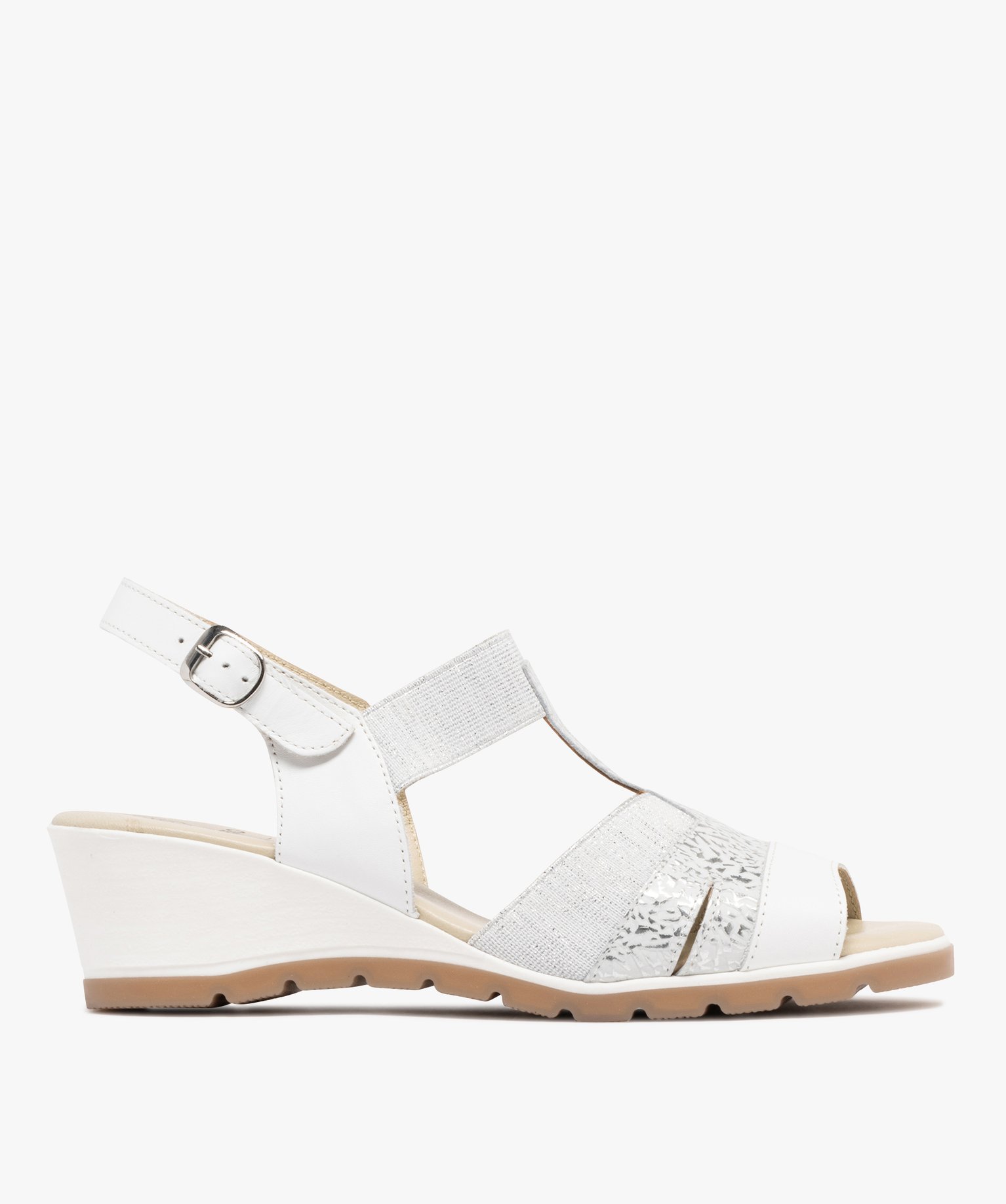 Sandales femme confort à talon compensé avec brides fantaisie élastiques et en cuir - 38 - blanc - GEMO