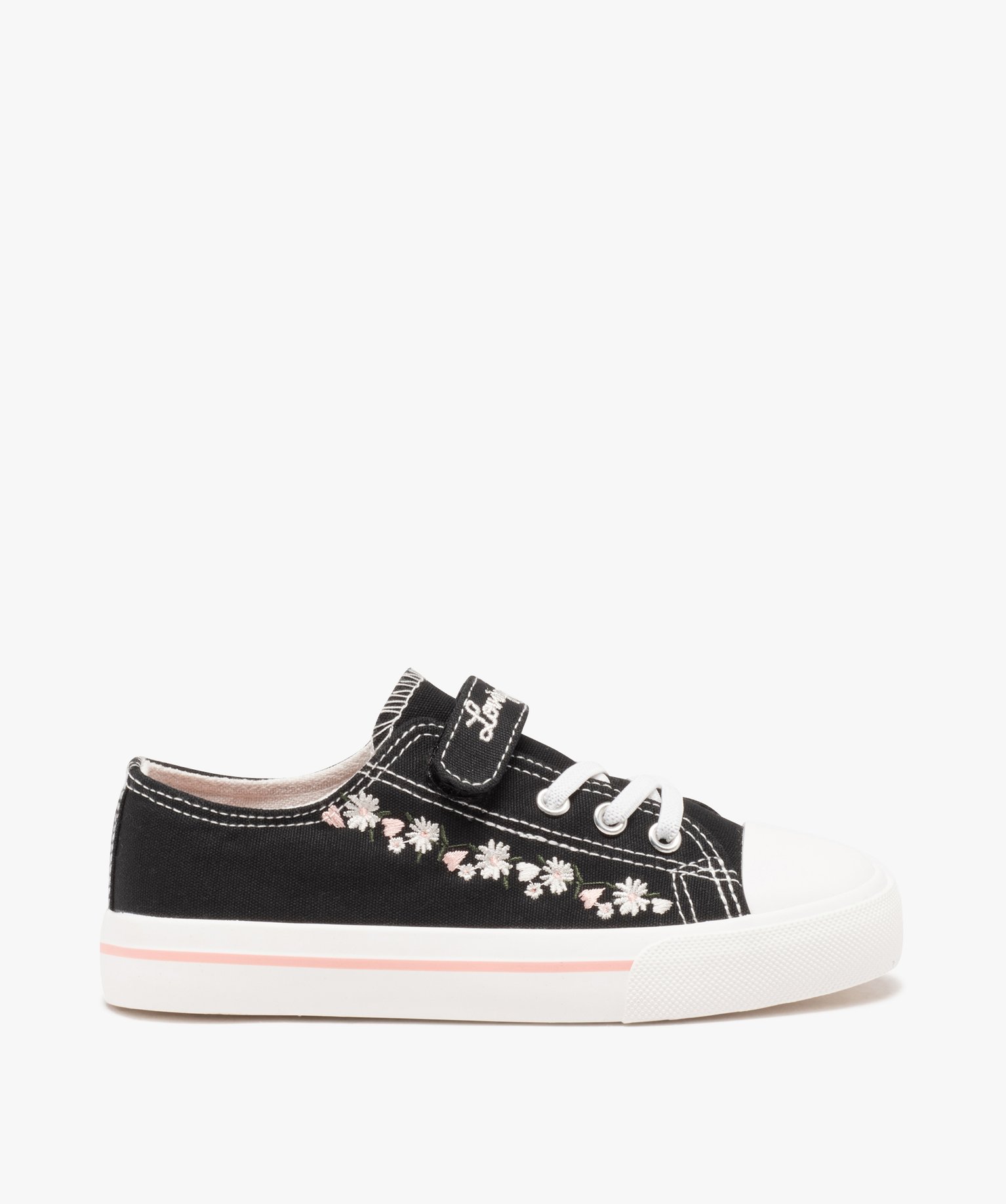 Baskets fille en toile unie à scratch avec fleurs brodées - 33 - noir - GEMO