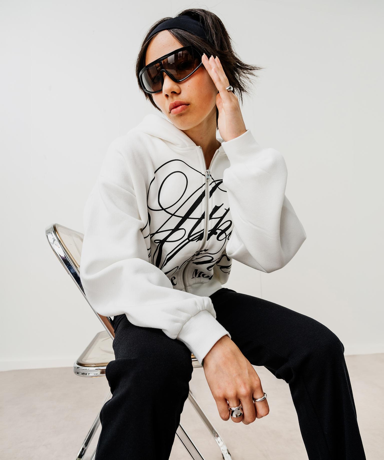 Sweat zippé à capuche en molleton imprimé fille - 14A/XS - blanc standard - GEMO