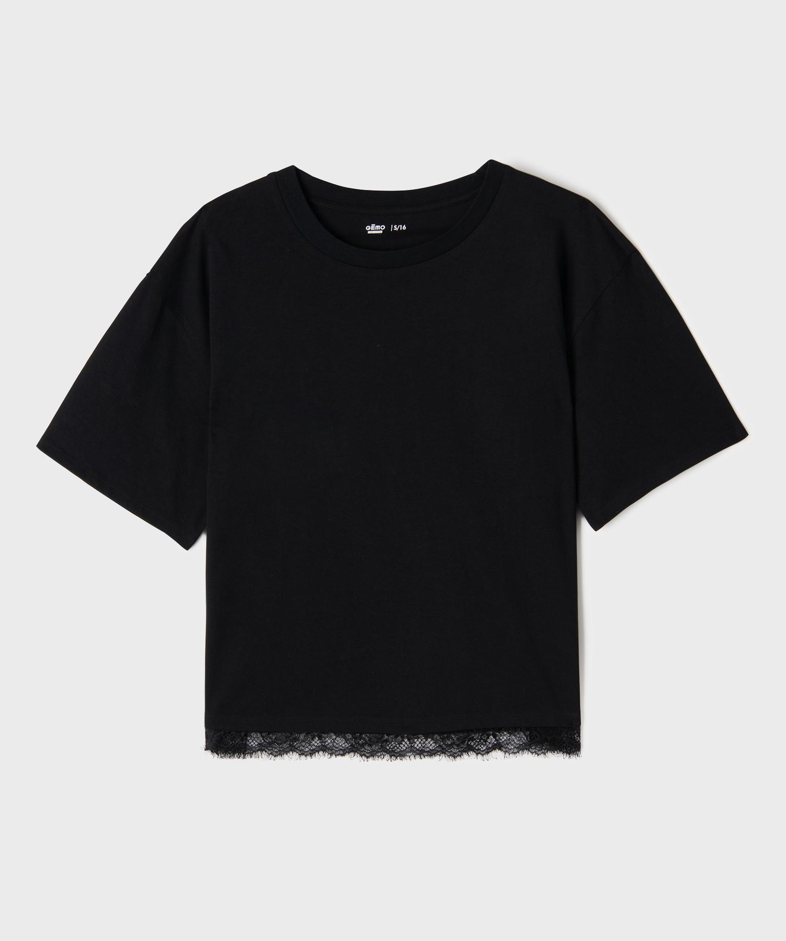 Tee-shirt manches courtes loose à finition dentelle fille - 14A/XS - noir standard - GEMO