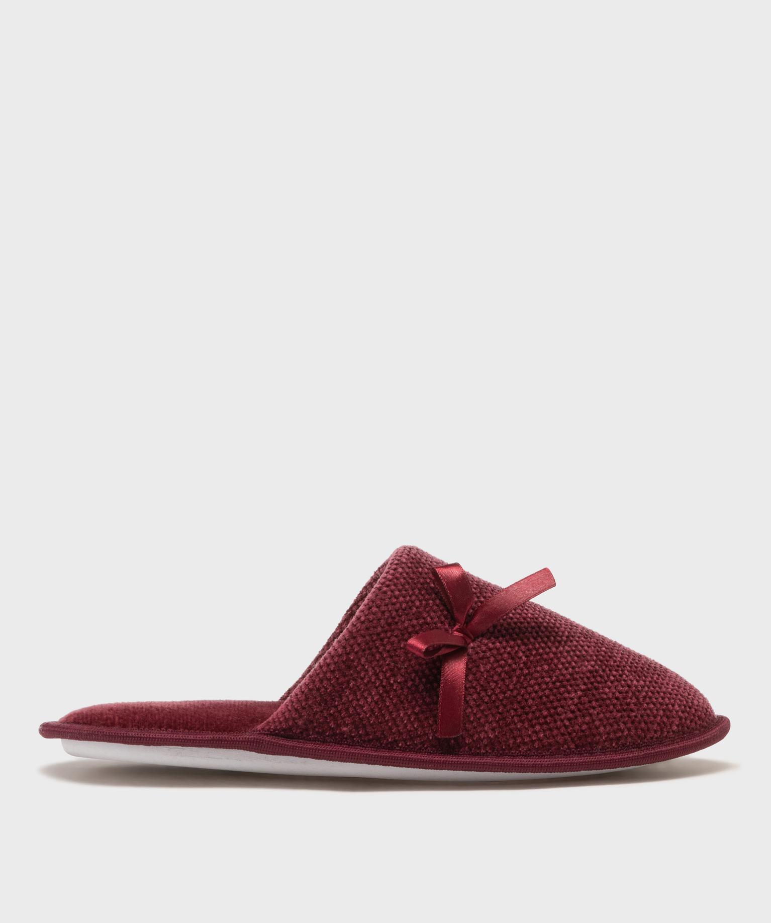 Chaussons mules en velours texturé avec petit noeud femme - 36 - rouge fonce - GEMO
