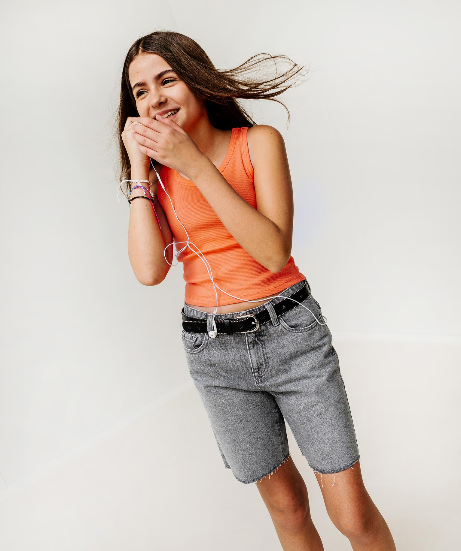 Short en jean droit et long à finition bord-franc fille - 16A/36 - gris - GEMO