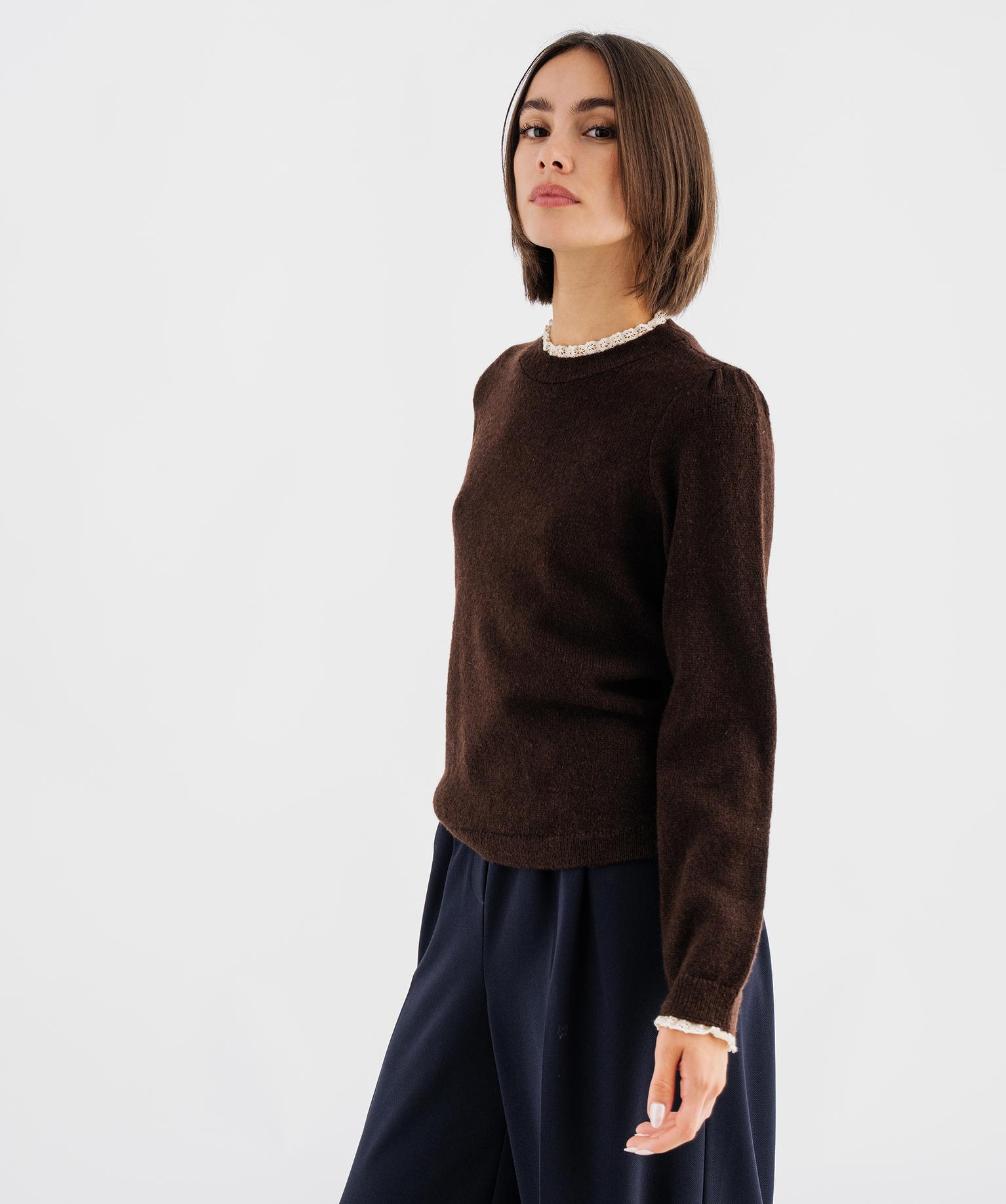 Pull col rond dentelle femme - 36/S - marron fonce - GEMO