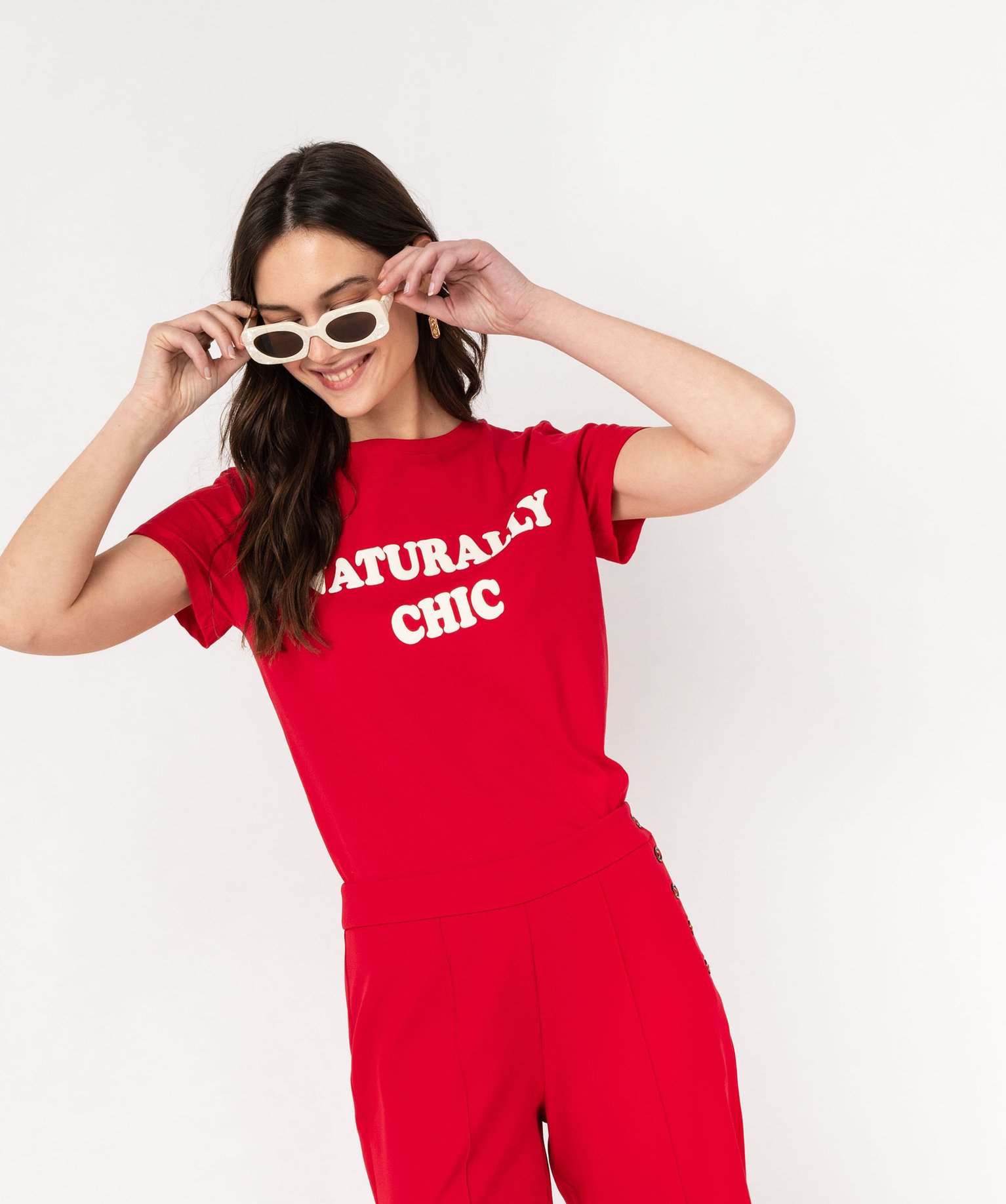 Tee-shirt à manches courtes avec inscription femme - L - rouge - GEMO