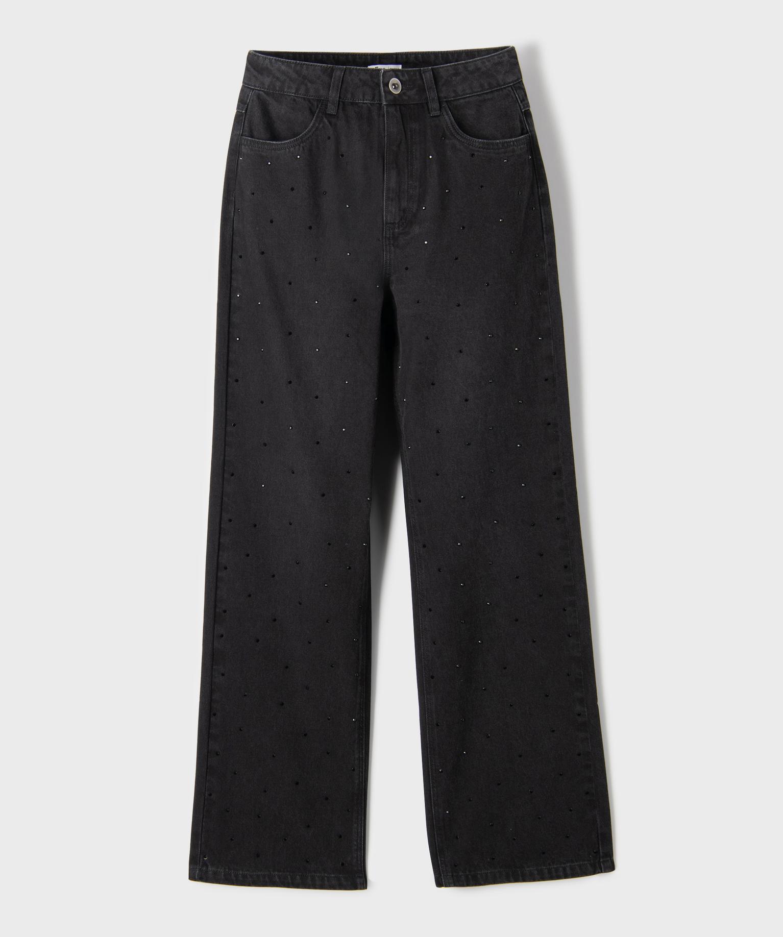 Jean straight en denim 100% coton à strass fille - 14A/XS - noir standard - GEMO