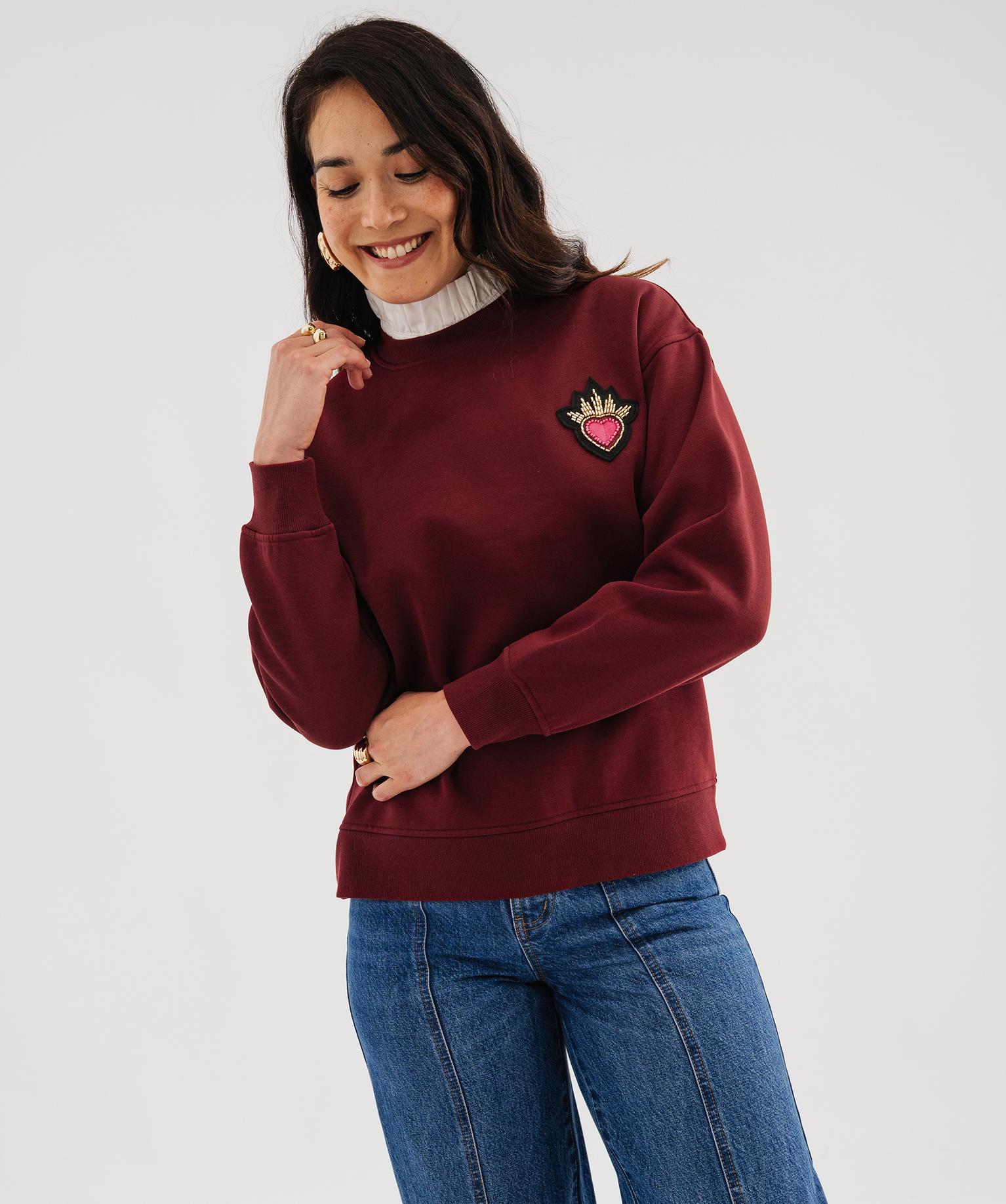 Sweat avec col victorien amovible effet 2-en-1 femme - 46-48/XL - rouge fonce - GEMO