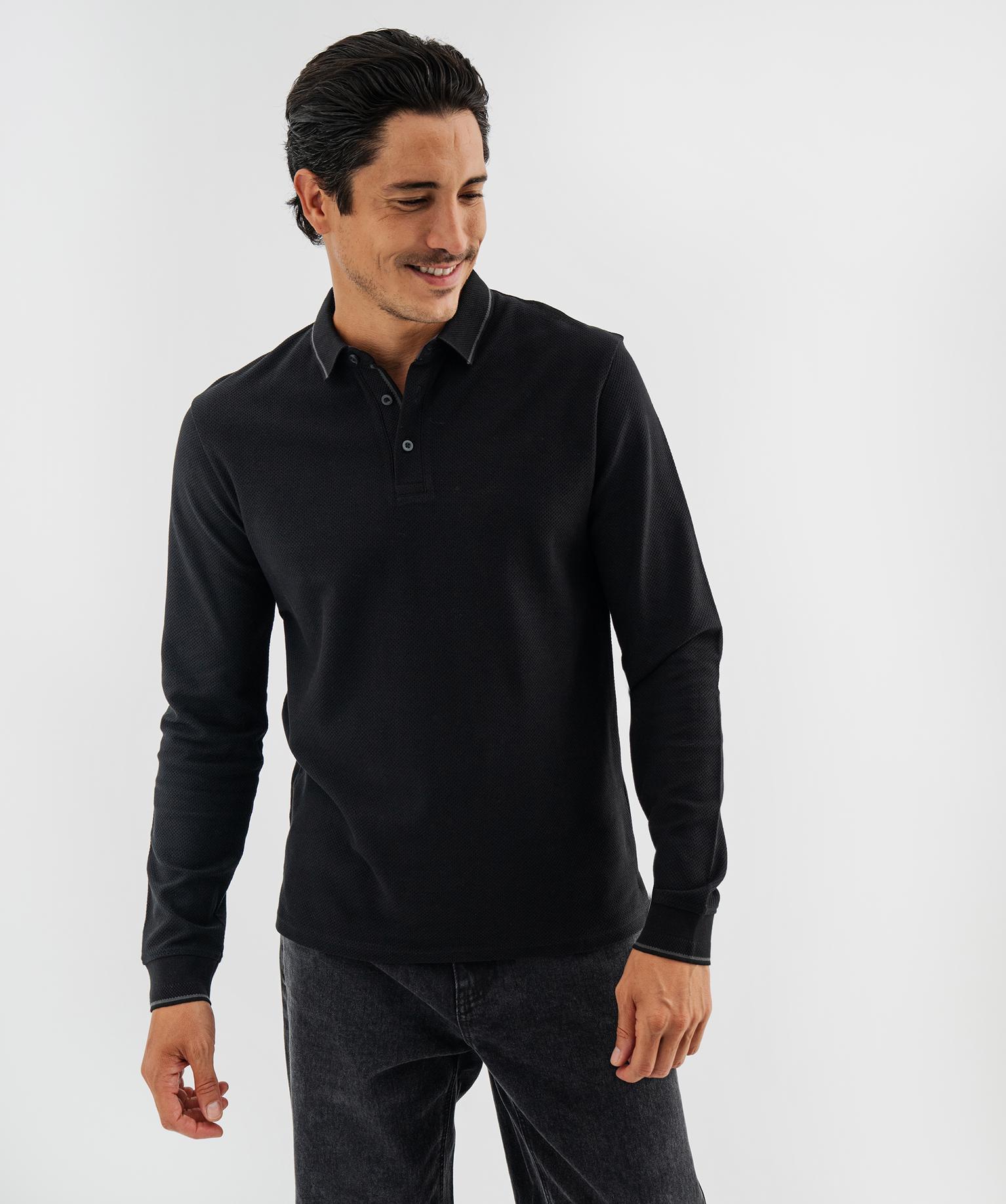 Polo à manches longues en maille fantaisie homme - 42-44/L - noir standard - GEMO