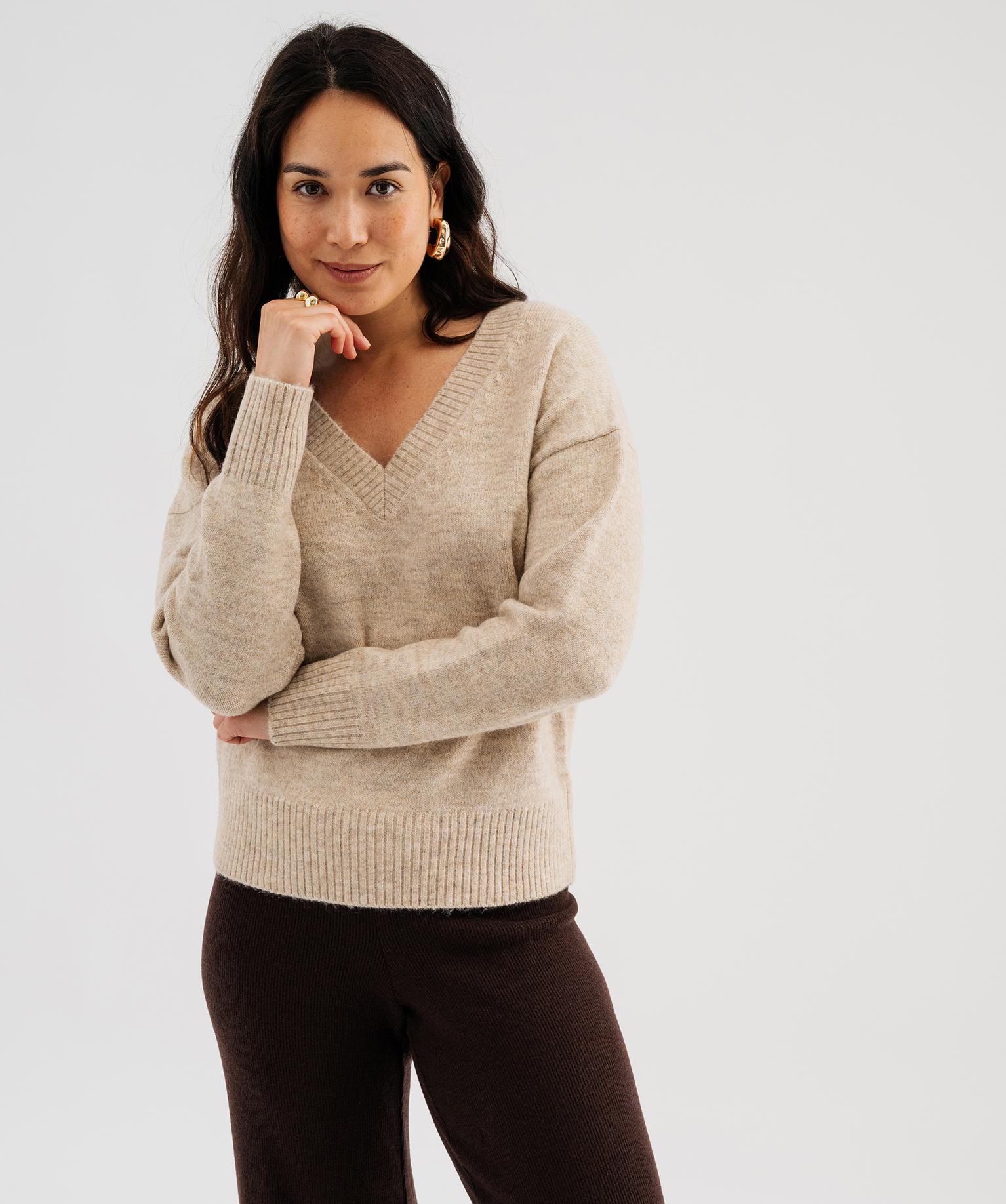Pull col V femme - 36/S - beige - GEMO