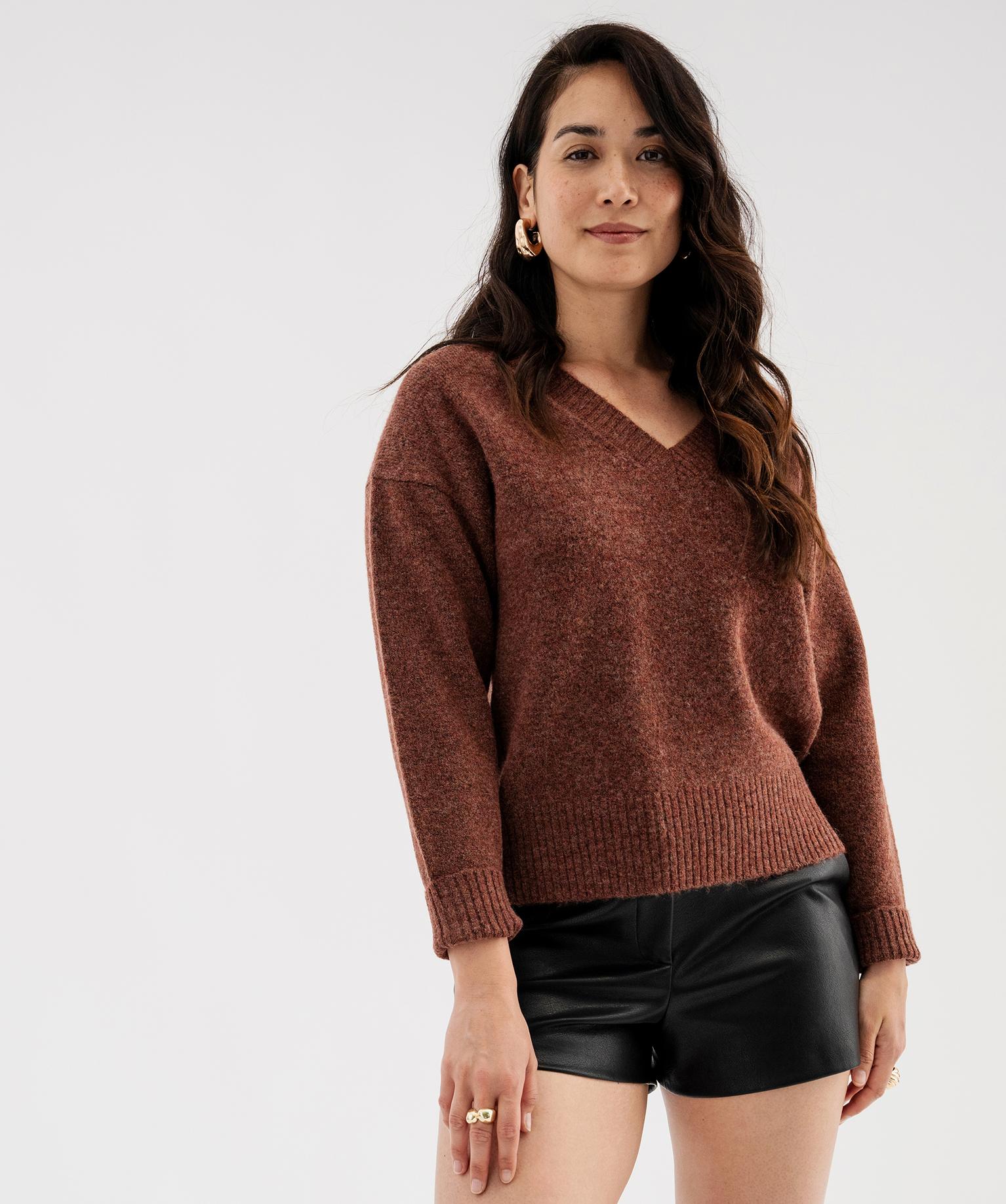 Pull col V femme - 36/S - marron - GEMO