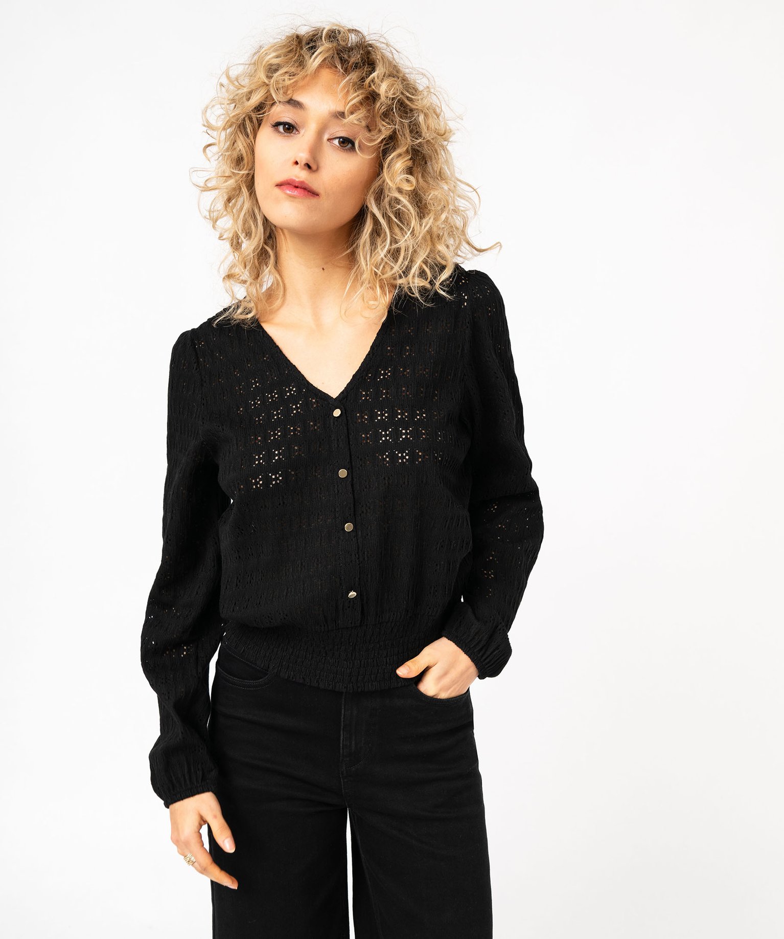 Tee-shirt à manches longues en maille ajourée femme - XL - noir - GEMO