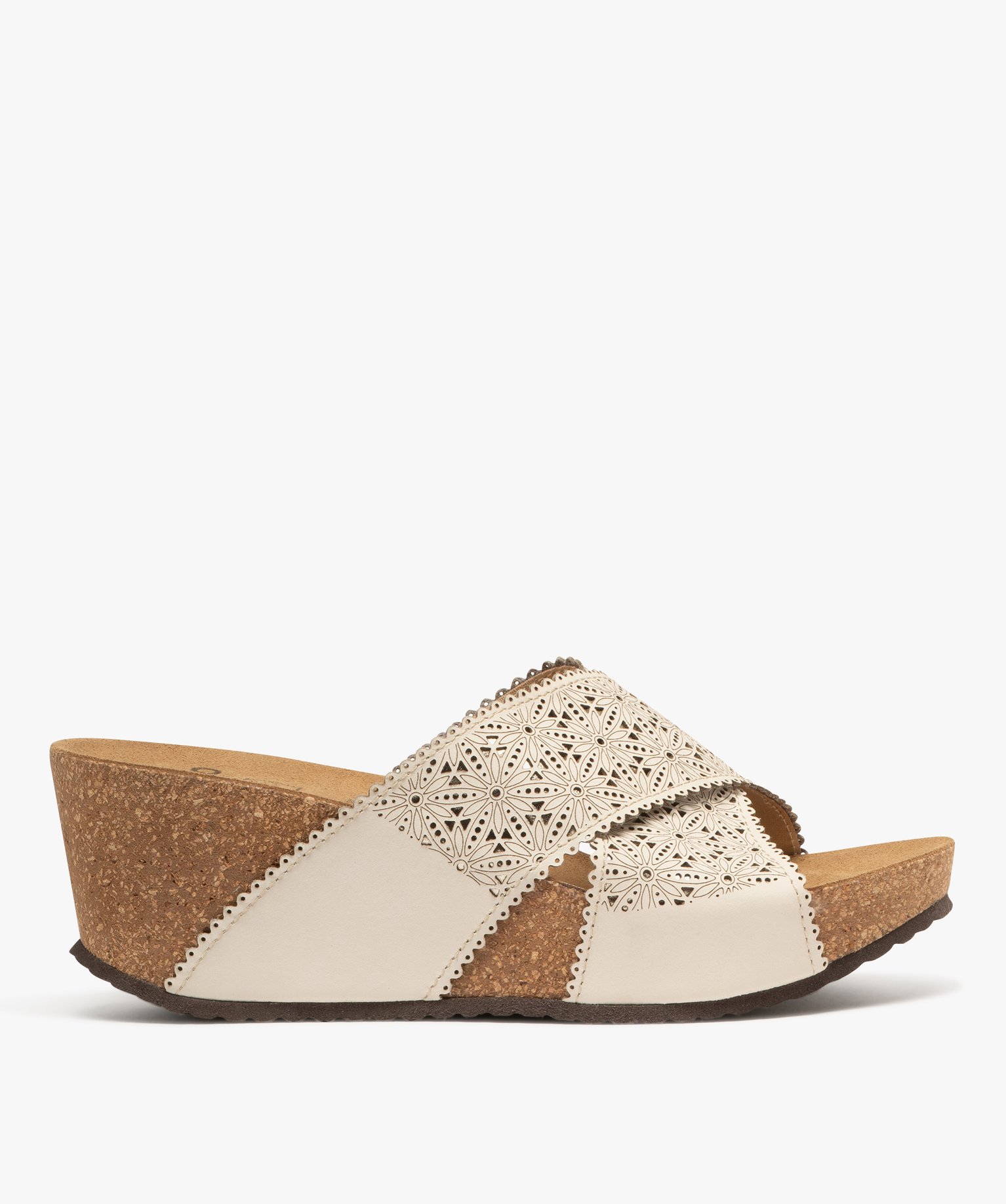 Mules femme compensées avec brides en cuir ajourées et croisées - 38 - beige - GEMO
