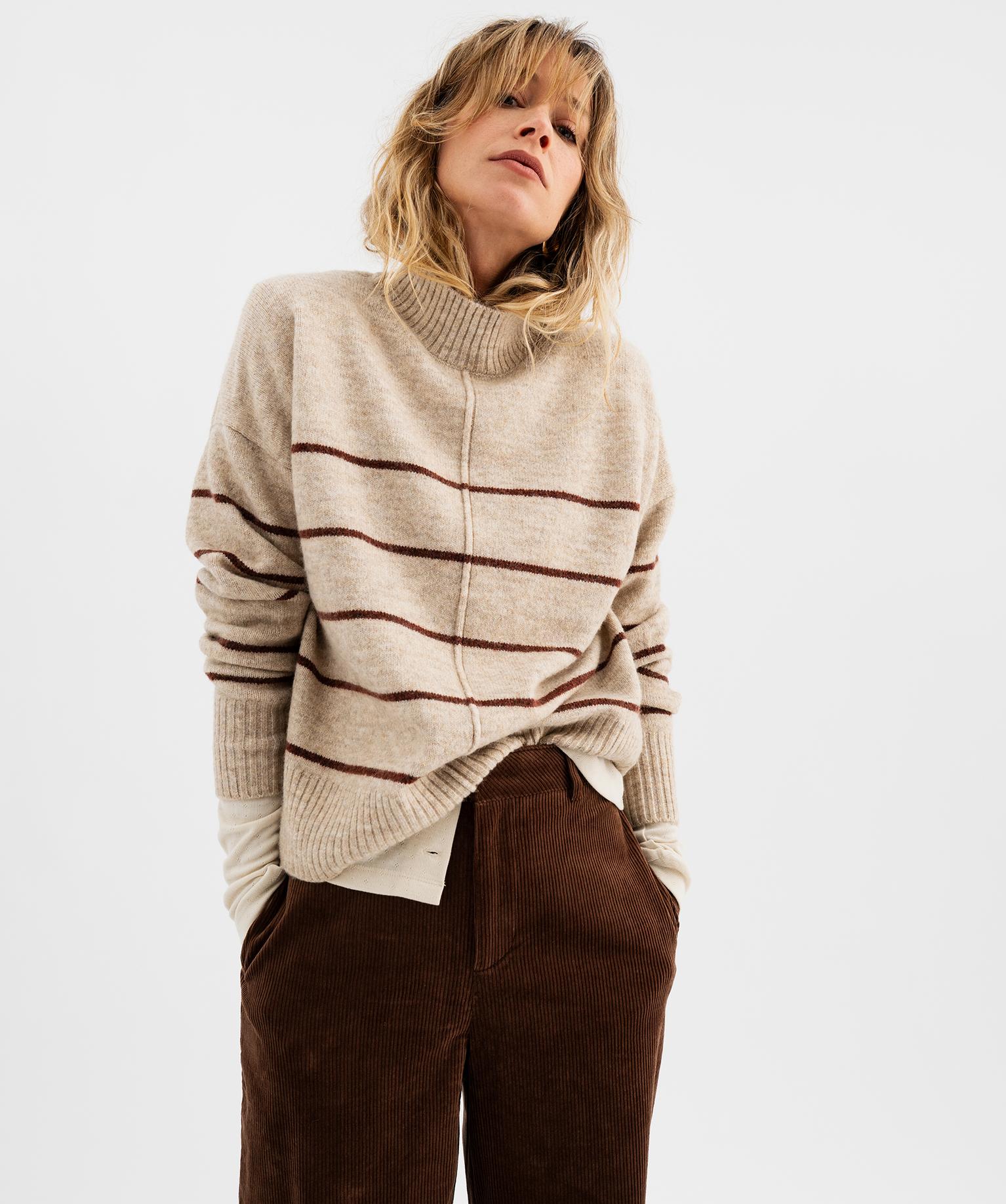 Pull rayé à col cheminée coupe loose femme - 46-48/XL - beige chine - GEMO
