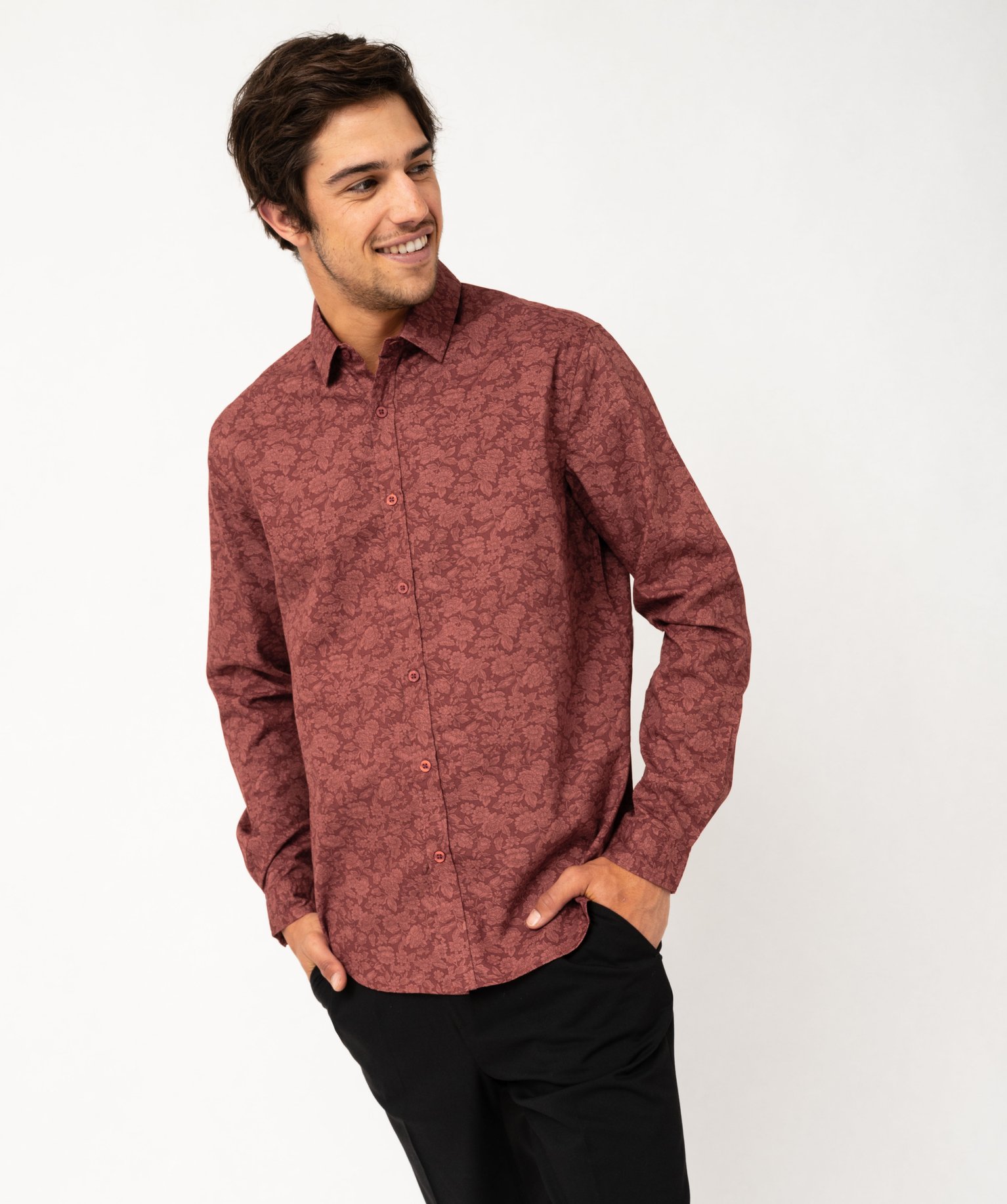 Chemise Homme Manches Longues à Fleurs Rouges Et Blanches - Polyester, Coupe Droite, Tailles S à 2XL