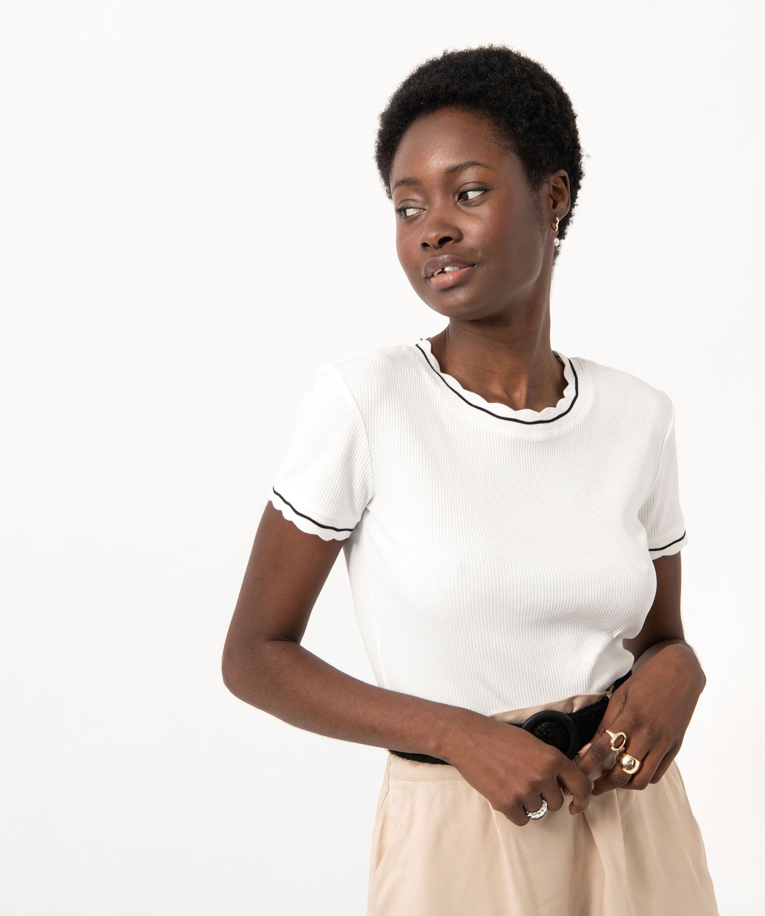 Tee-shirt à manches courtes en maille côtelée femme - XXL - blanc - GEMO