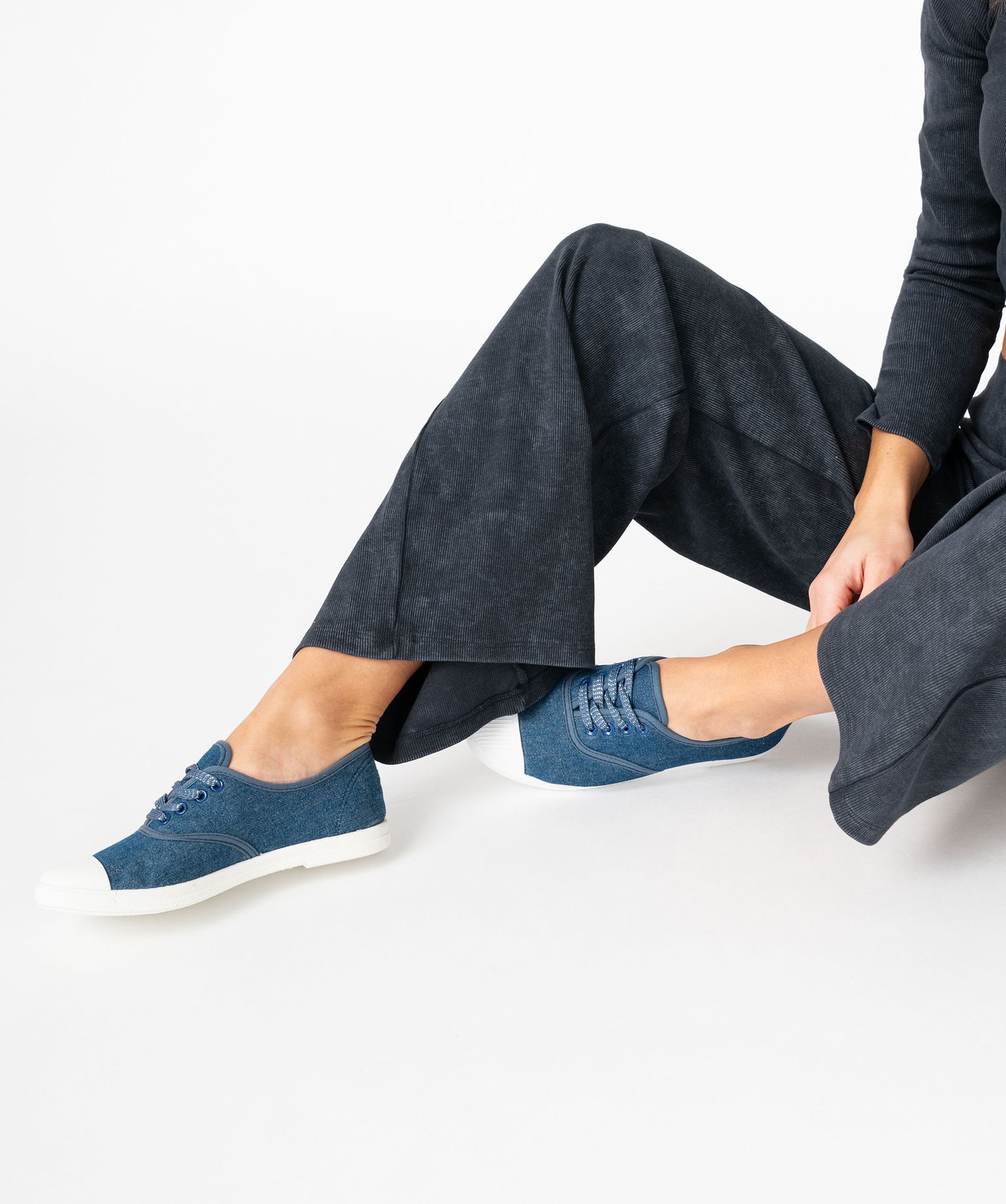 Baskets femme en toile unie style denim avec lacets pailletés - 38 - bleu - GEMO