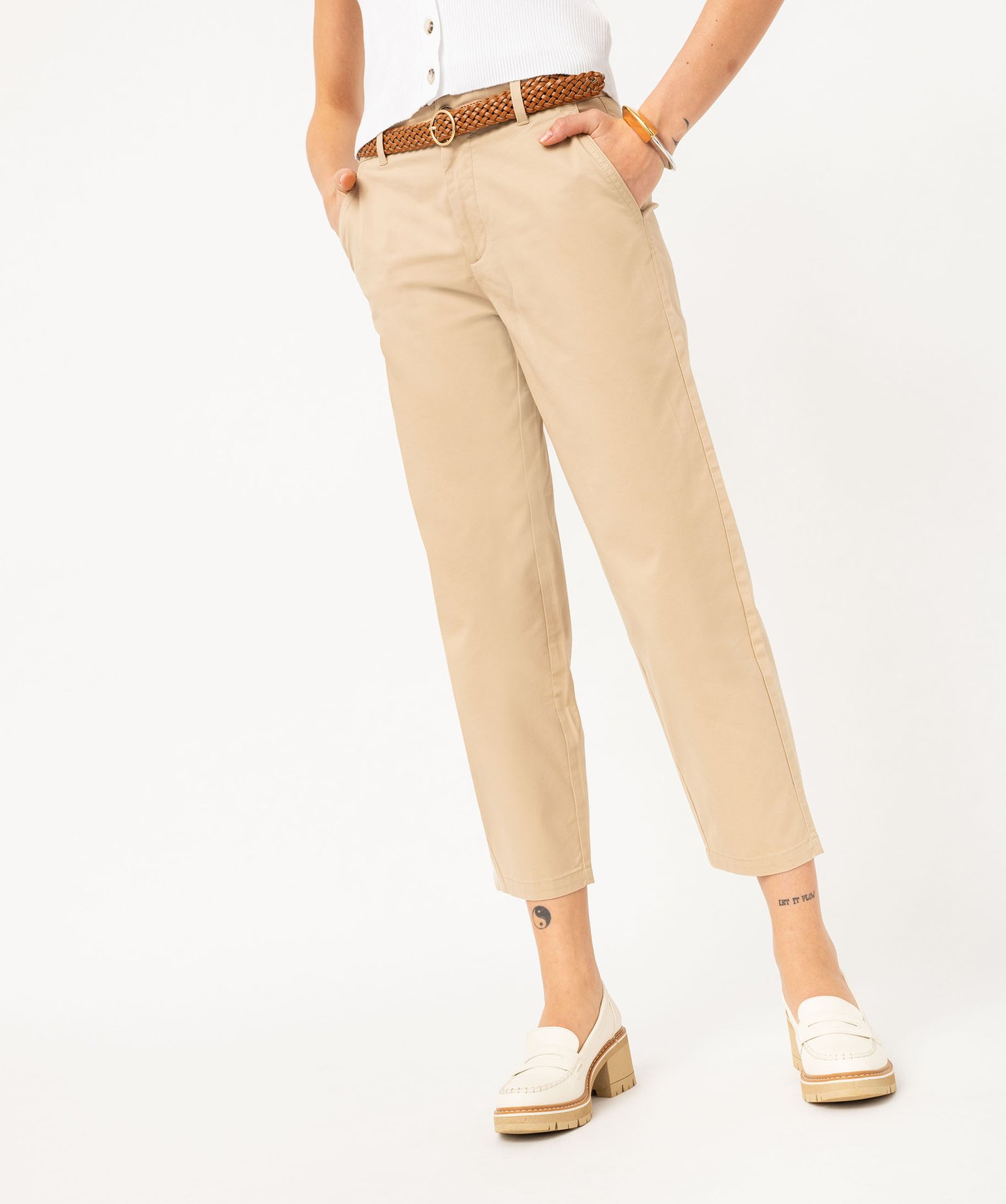 Pantalon en twill de coton avec ceinture tressée femme - 46 - beige - GEMO