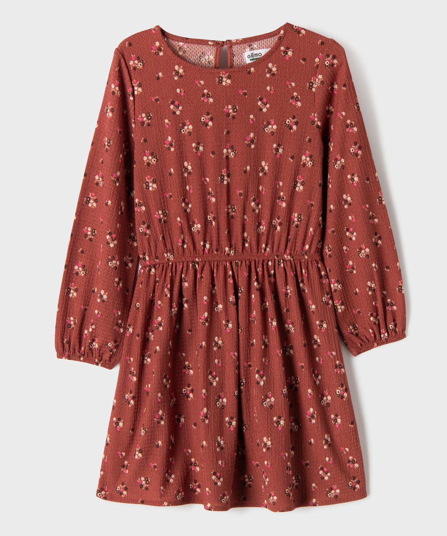 Robe courte à manches longues en maille texturée extensible fille - 5A - brique - GEMO