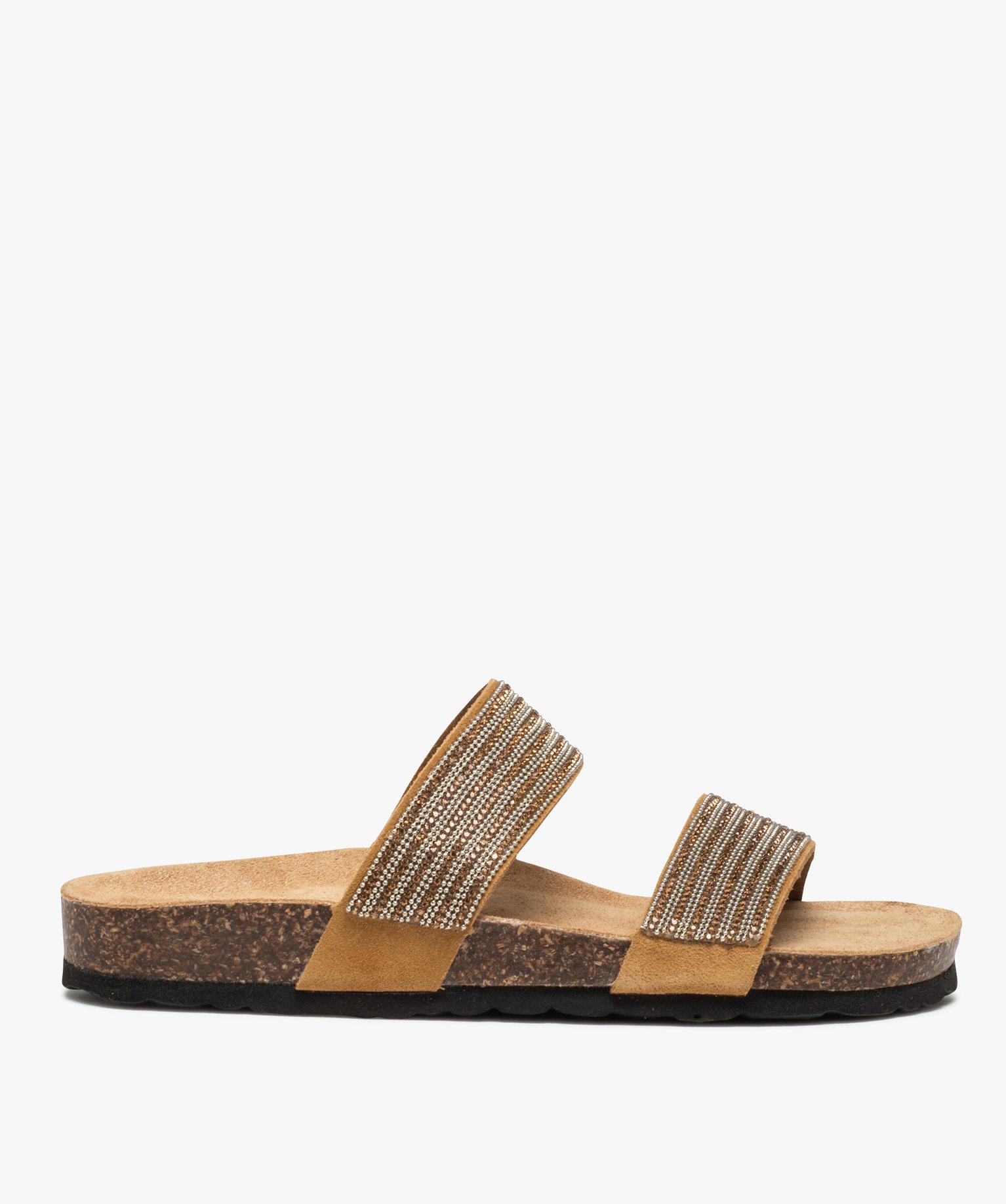 Mules femme plates à semelle liège et brides strass - 39 - camel - GEMO