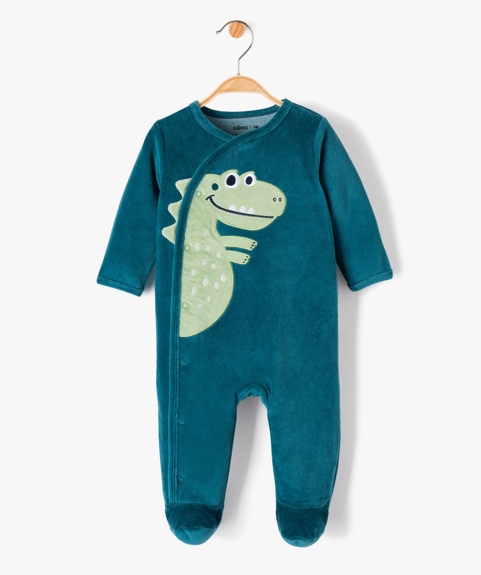 Pyjama bébé en velours imprimé dinosaure à fermeture ventrale - GEMO