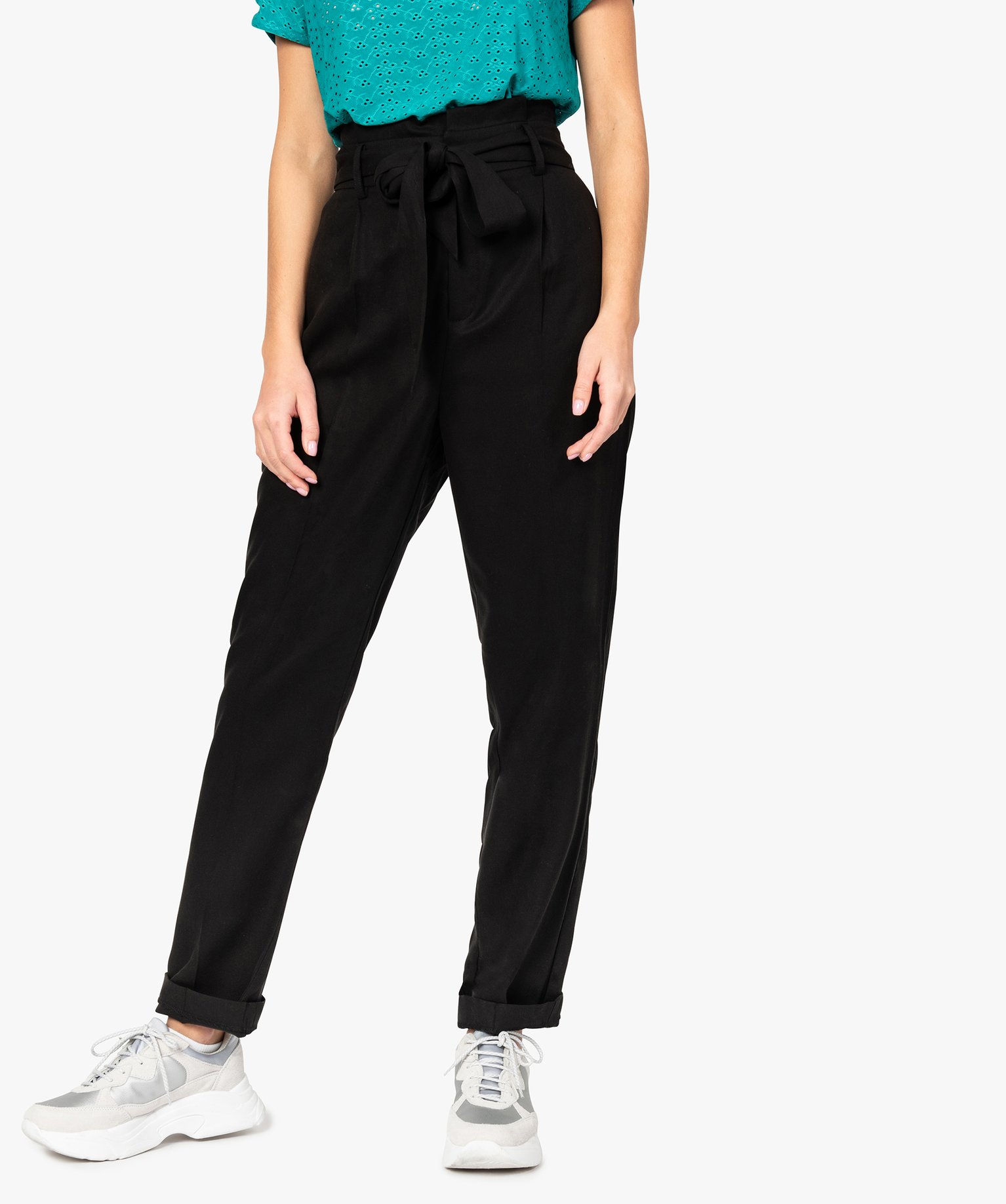 Pantalon femme taille haute avec ceinture a nouer en Lyocell