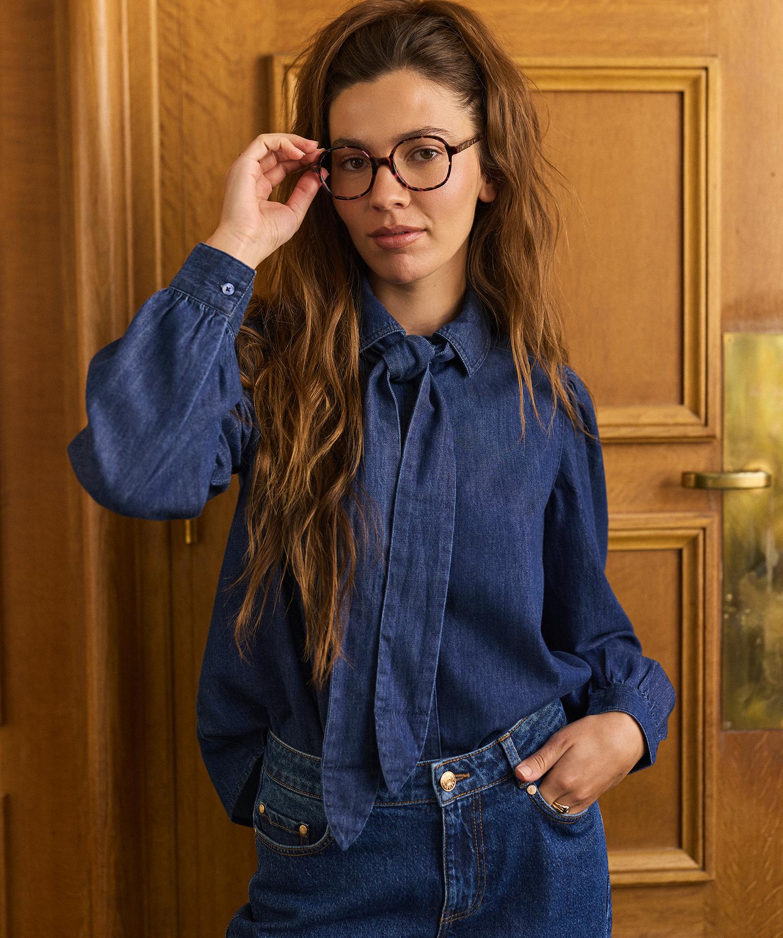 Chemise en jean manches longues à col lavallière amovible femme LuluCastagnette - 38-40/M - bleu standard - LULU CASTAGNETTE G4G D