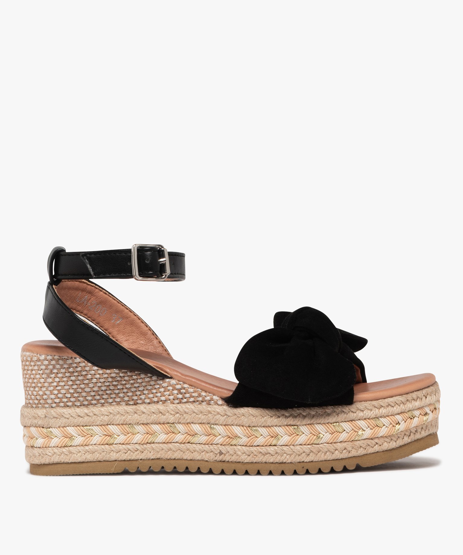 Sandales femme à talon plateforme en corde avec noeud fantaisie et bride cheville - 36 - noir - GEMO