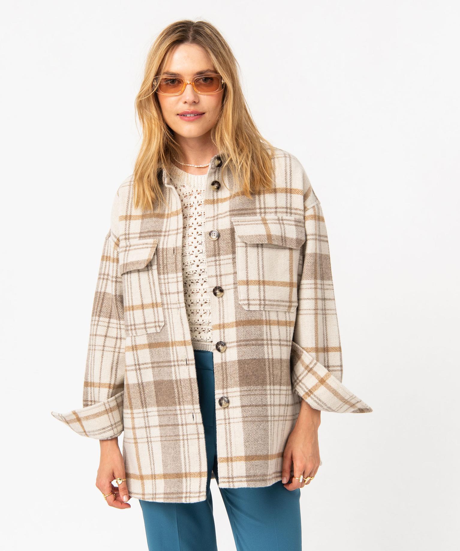 Manteau Surchemise Carreaux Beige Femme Tartan Veste Femme A