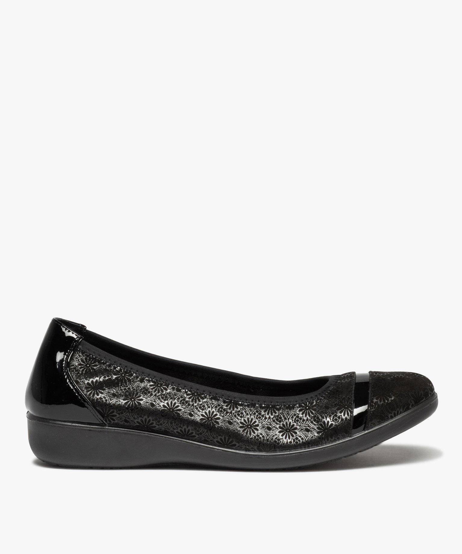 Ballerines confort femme en cuir à motifs irisés avec touches vernies - 35 - noir - GEMO